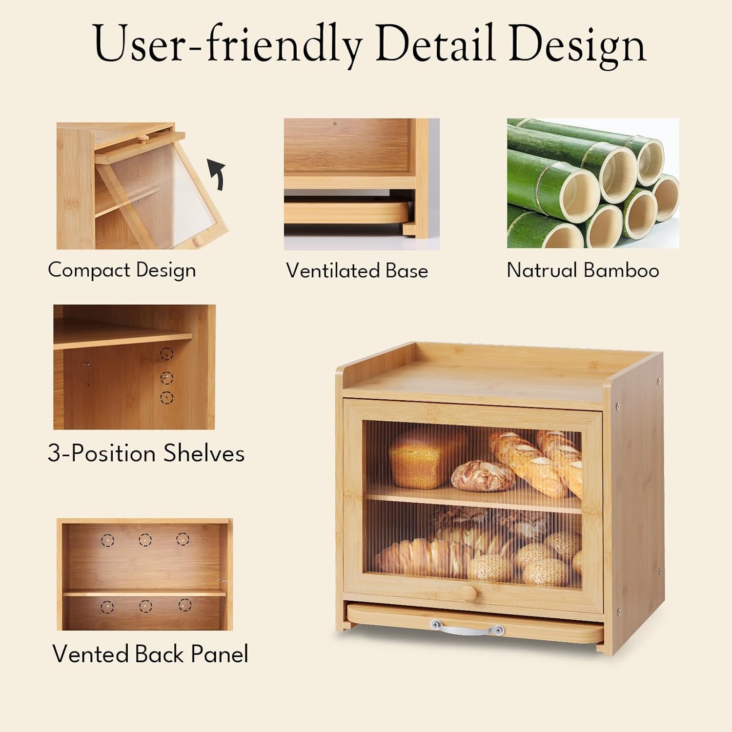 Bamboo Bread Box for Kitchen Countertop, Double Layer Kitchen Counter Organizers and Storage for Fruits, Tea, Spices, Coffee, Vintage Bread Bin Container with Cutting Board, Natural