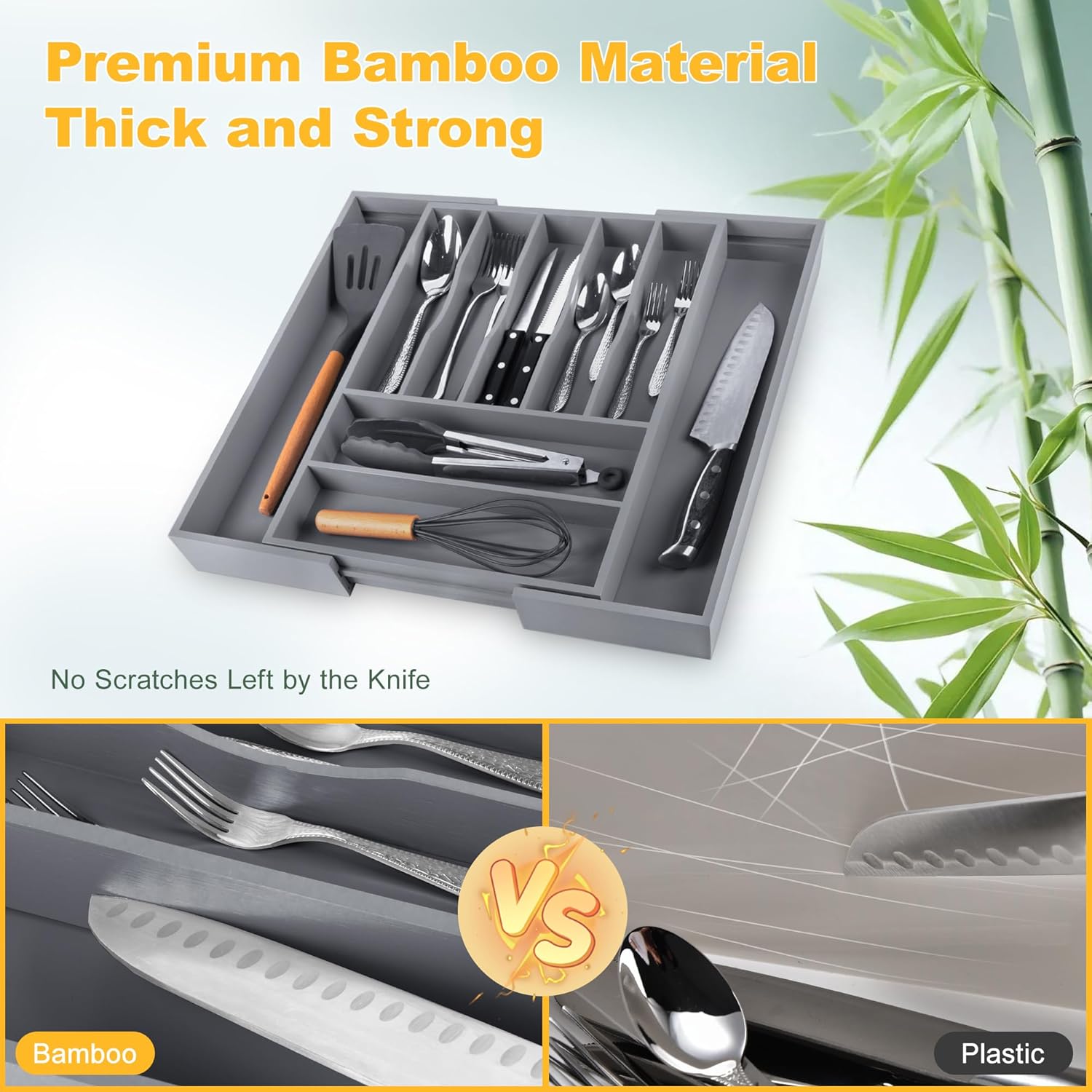 Large Premium Bamboo Silverware Organizer - Expandable Drawer Organizer & Utensil Organizer - 17