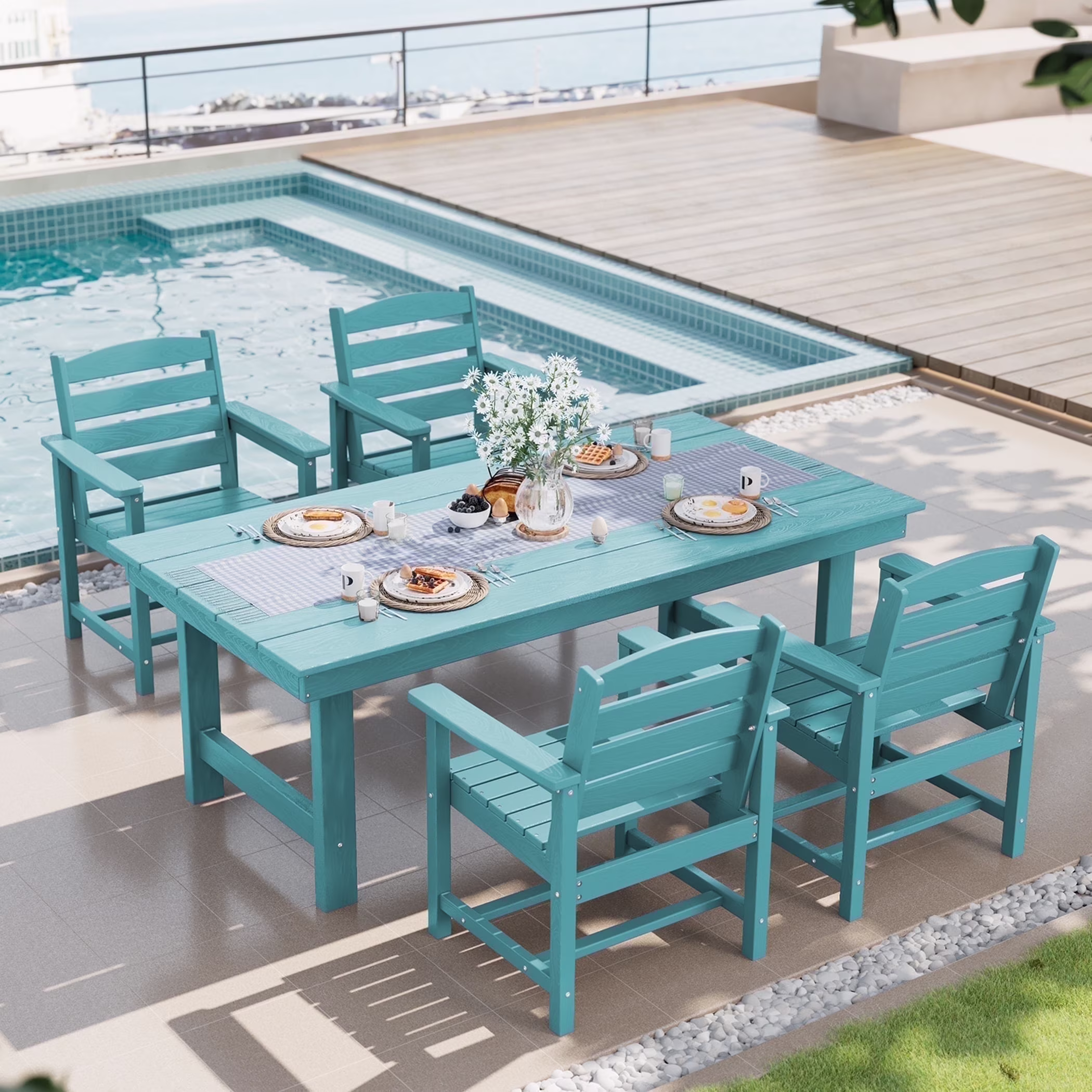 SERWALL Outdoor HDPE Dining Table Set, 7-Piece Outdoor Dining Table Sets with Umbrella Hole, Grey - Image 5