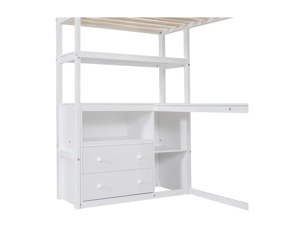 Cama alta de 90 x 200 cm con escritorio, 2 cajones, 3 nichos y estantes, escalera de almacenamiento, madera de pino, Cosinor awl3243506