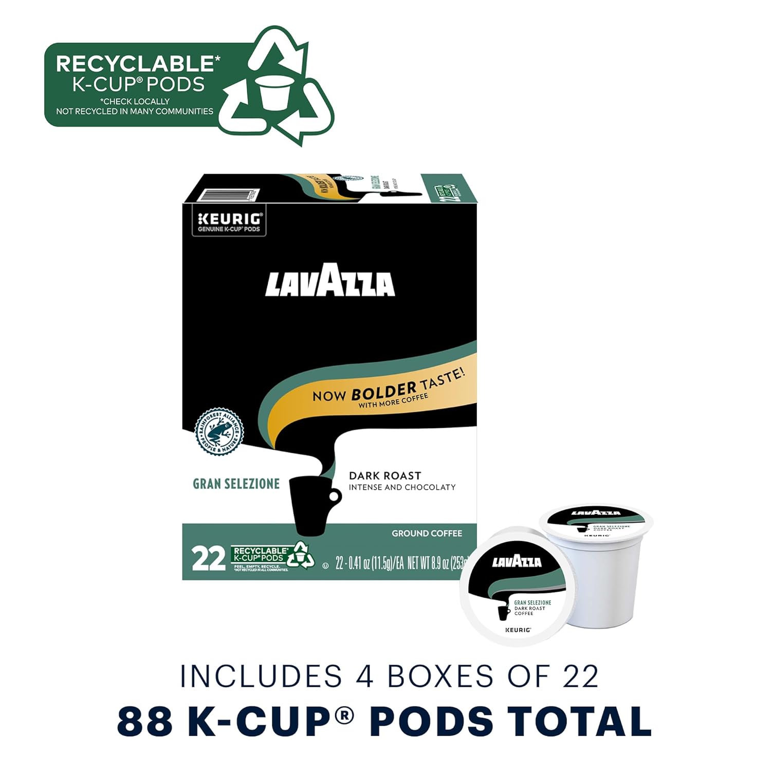 Lavazza Gran Selezione Single-Serve Coffee K-Cups for Keurig Brewer. Dark Roast. 88 capsules Value Pack. 100% Arabica