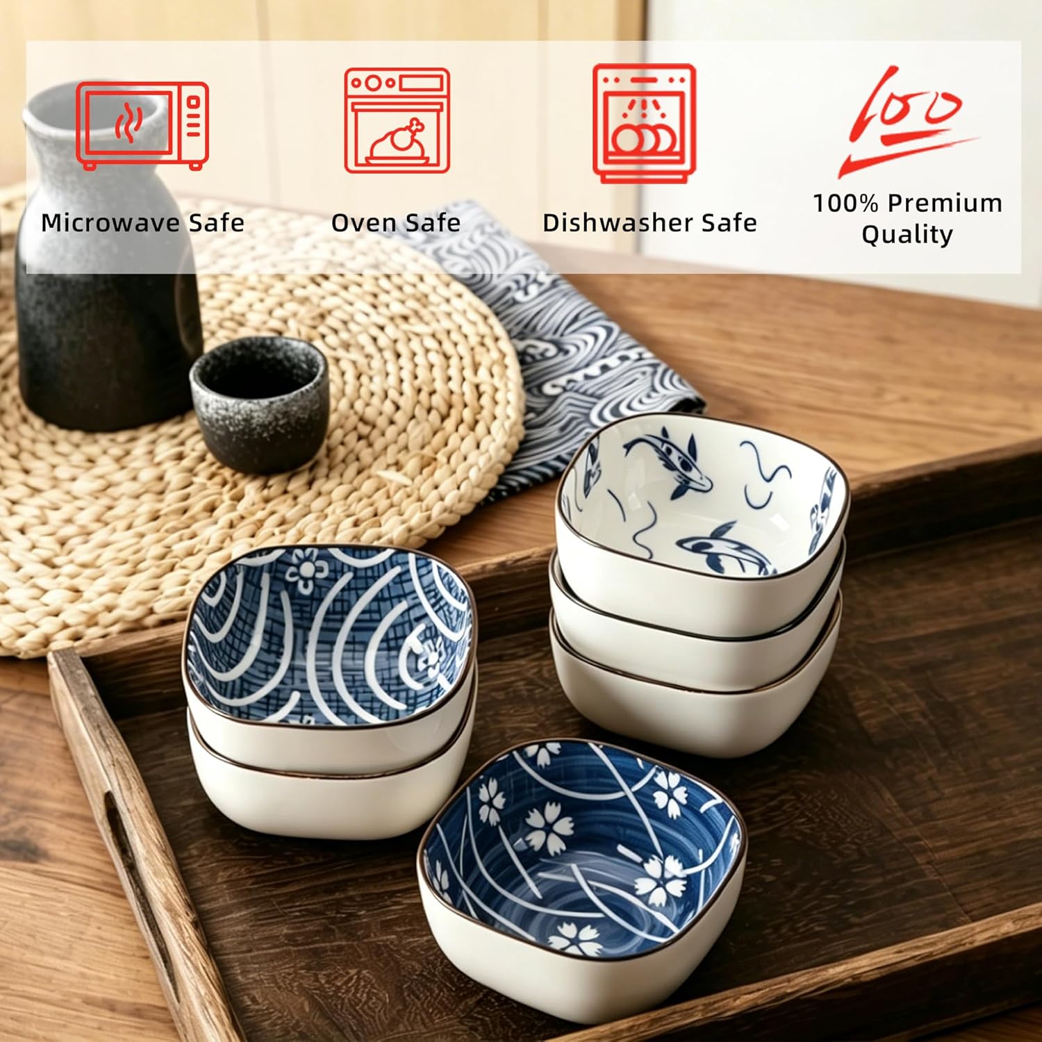 Ceramic Dipping Bowls Set of 6, 5OZ Small Soy Sauce Dishes, Japanese Style Square Pinch Bowls for Sushi Sauce Ketchup BBQ, Oven Microwave Dishwasher Safe, 3.6Inch (Blue Ocean)