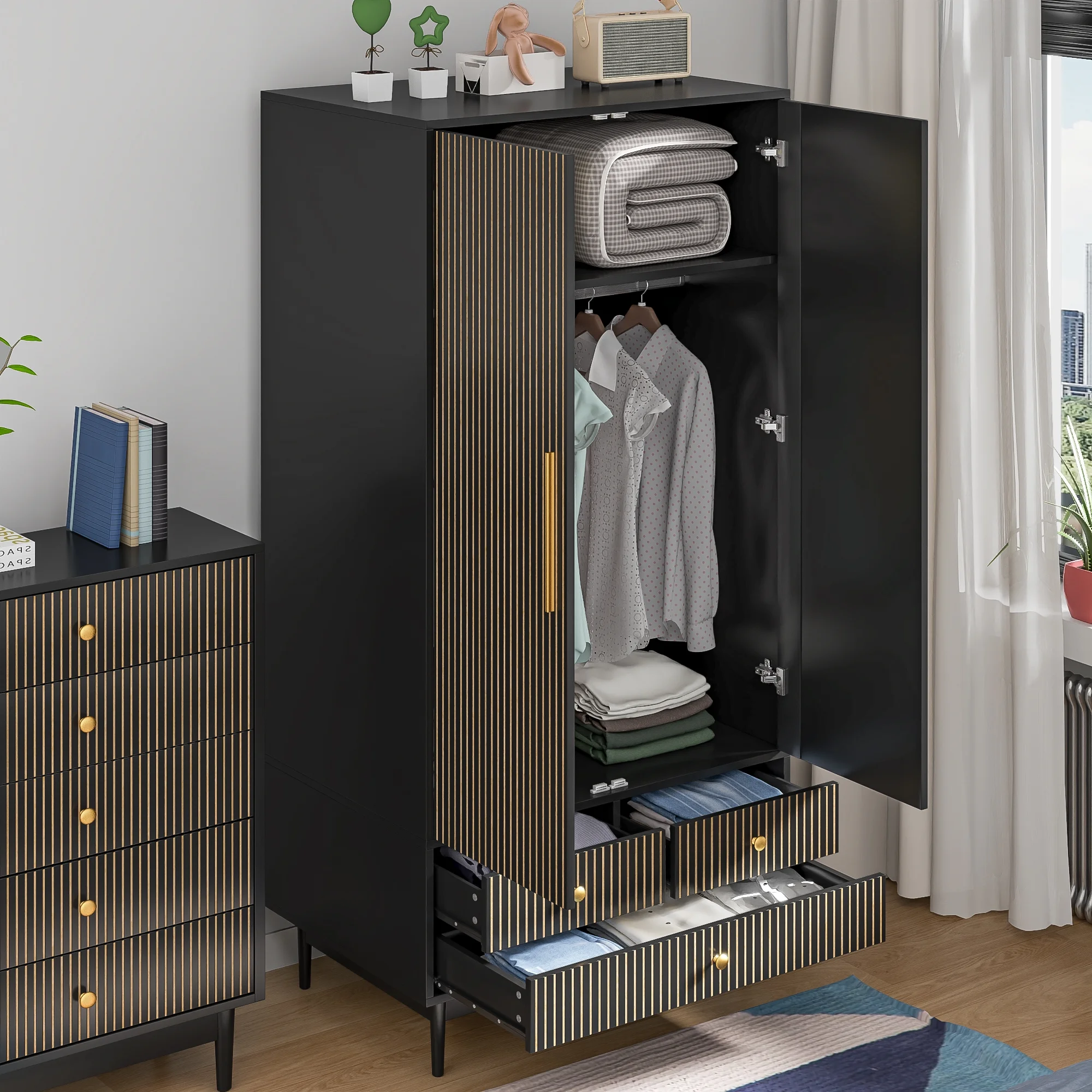 Oubayajia Wardrobe Armoire Closet, 2 Fluted Doors Wardrobe Cabinet with 3-Drawer and Hanging Rod, Wood Wardrobe Storage for Bedroom - Image 14