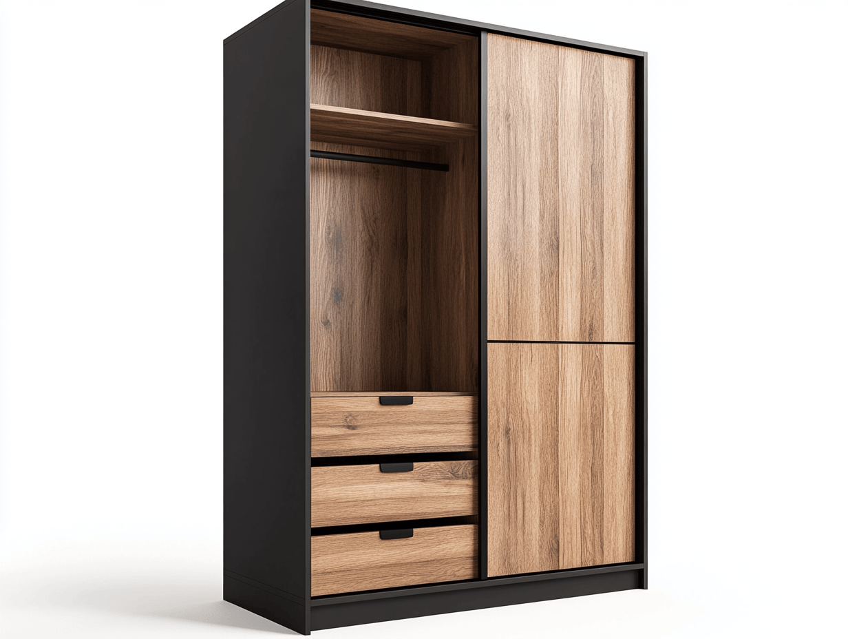 Armario moderno con dos puertas tres cajones y barra colgante en acabado roble oscuro y negro