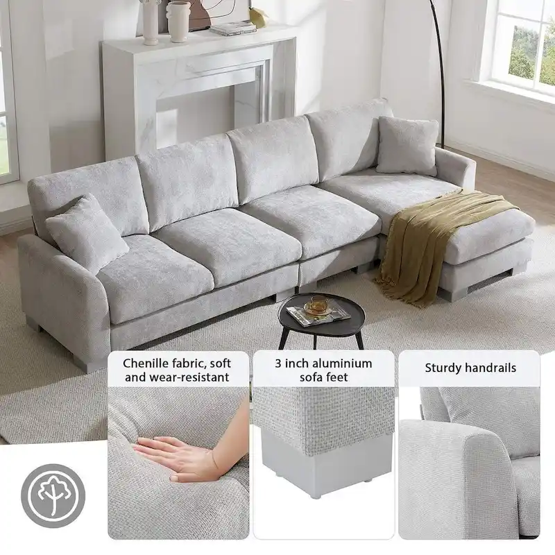 Spacious L-Shaped Chenille Sectional Sofa with Chaise Lounge for Living Room, Apartment, or Office