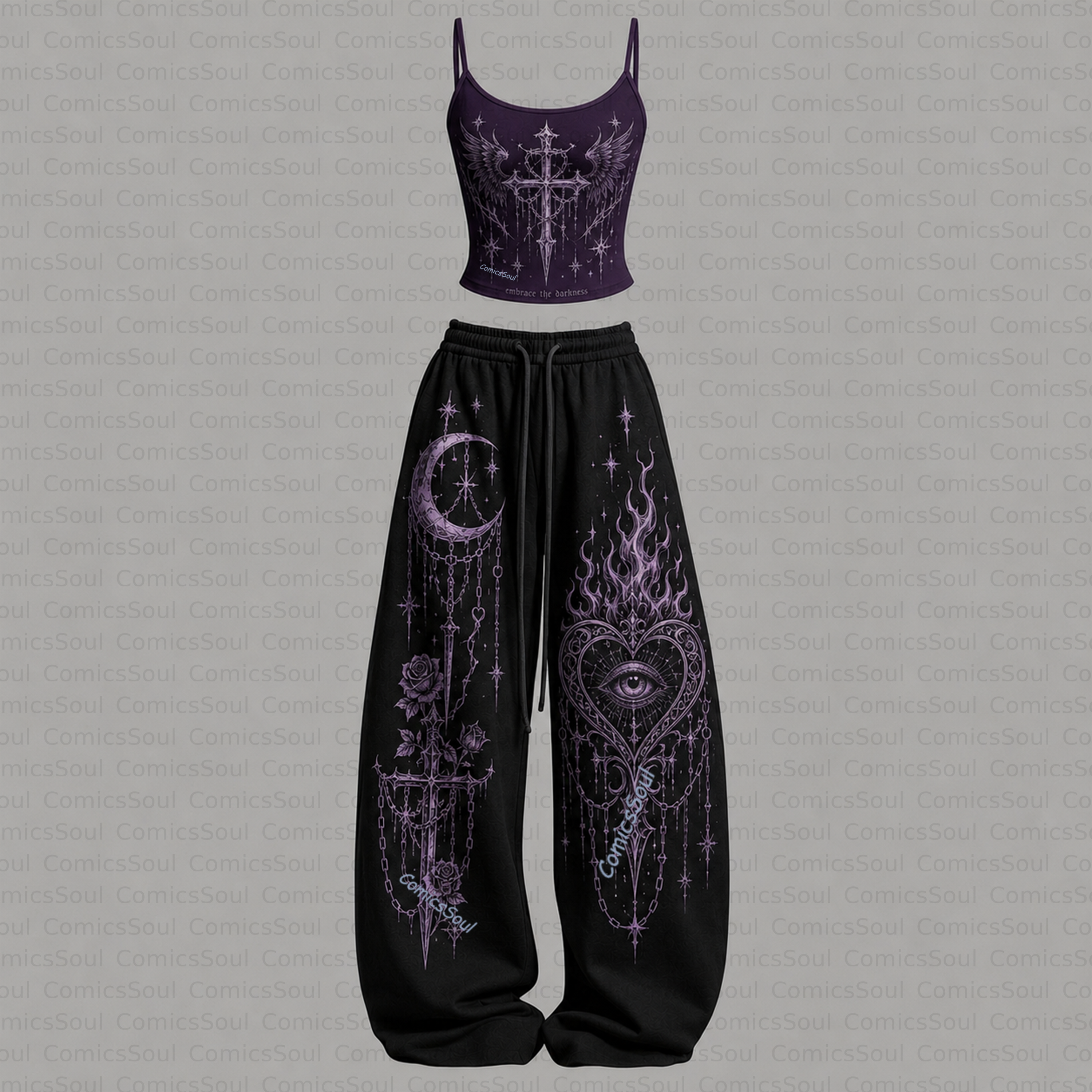 Gothic Heart Top & Elasticated Trousers Two-Piece Set