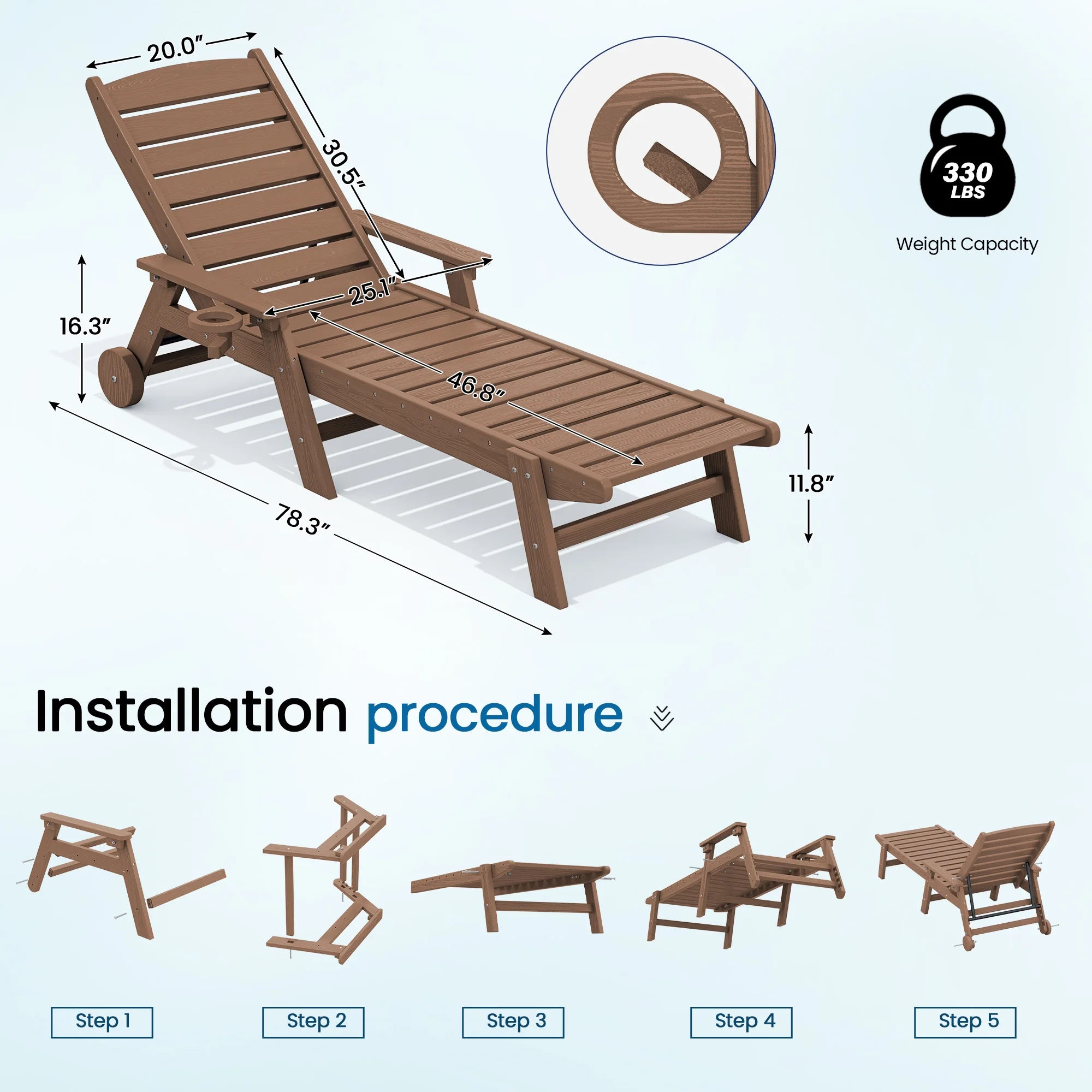 SERWALL Patio Chaise Lounge Chair, 78'' HDPE Outdoor Lounge Chair 5 Positions Pool Lounger Navy Blue - Image 68