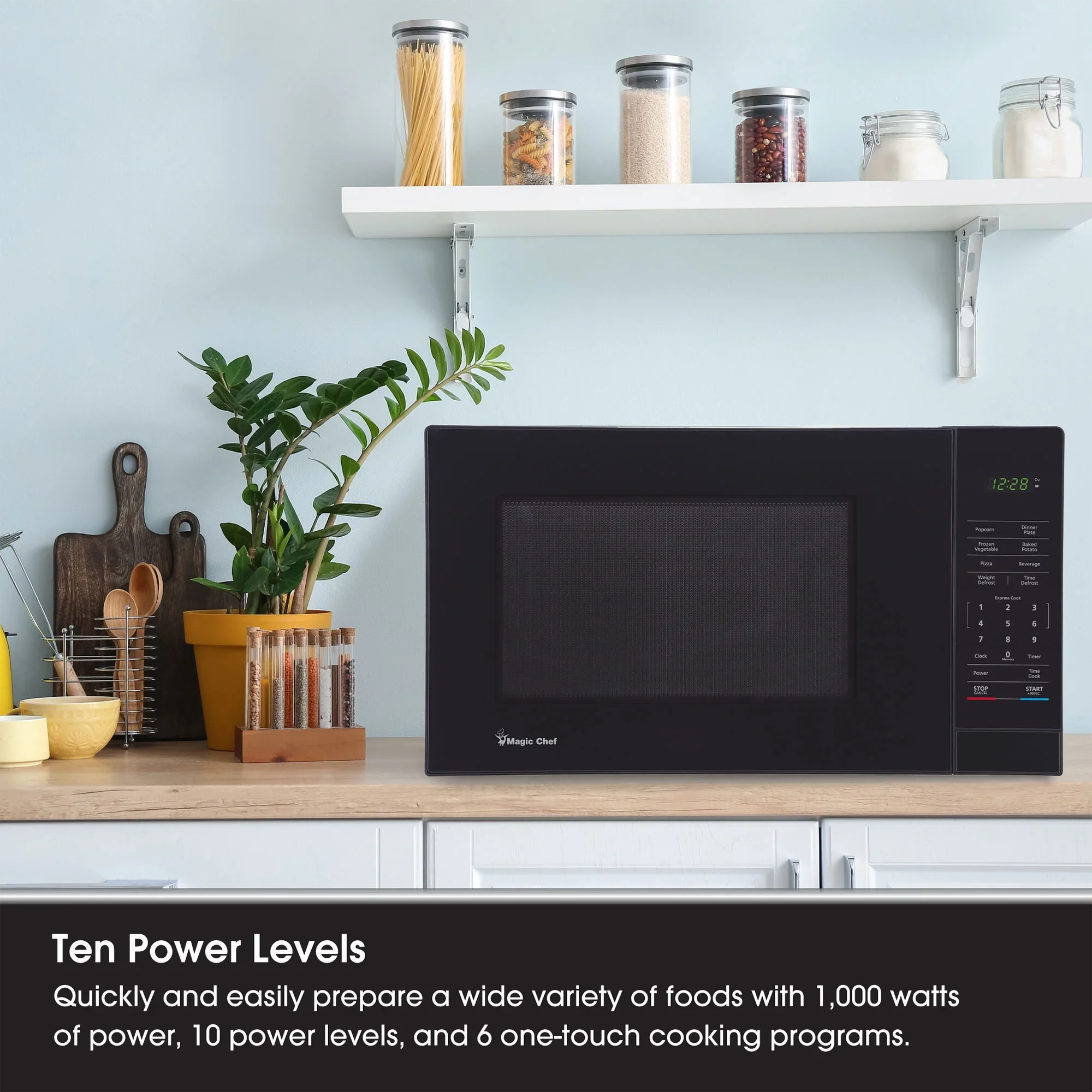 Magic Chef 1.6 Cu. ft. 1100W Countertop Microwave Oven with Push-Button Door in Black, New