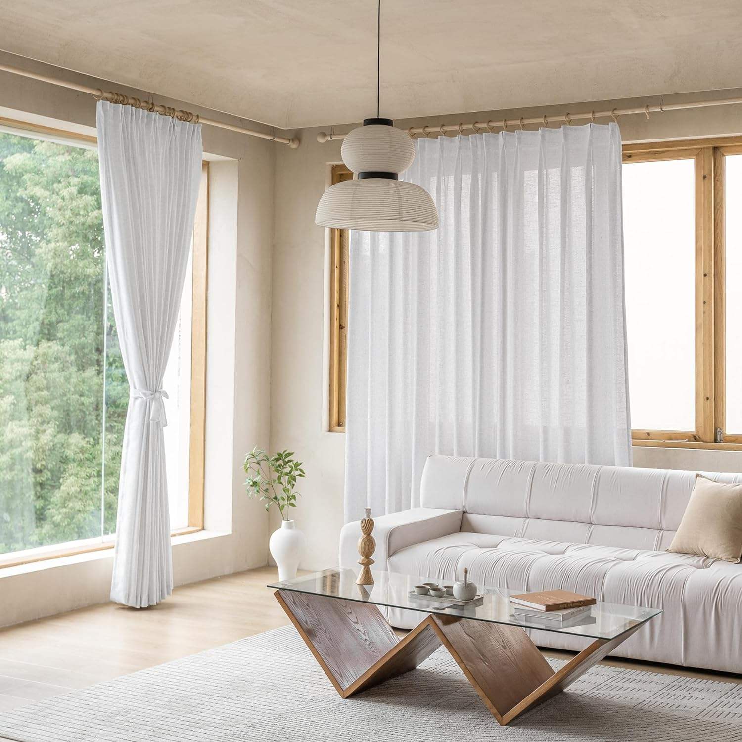 Lightweight White Linen Look Curtains Breathable Flax Fabric Polyester for Home and Hotel Use