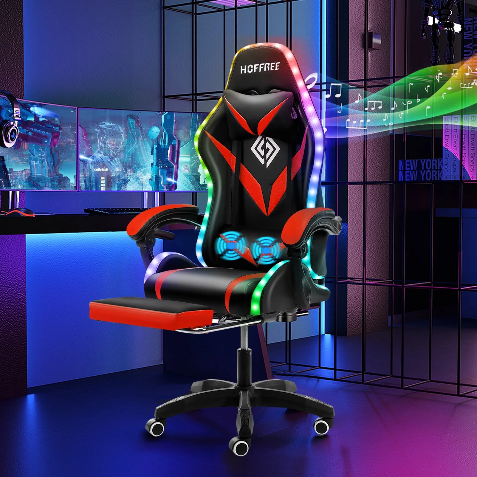 Hoffree Gaming Chair with Speakers PU Leather Office Chair with Footrest and LED Lights Ergonomic Gamer Chair with Massage Lumbar Support and Headrest Adjustable Swivel for Home Office 300lb - Image 55