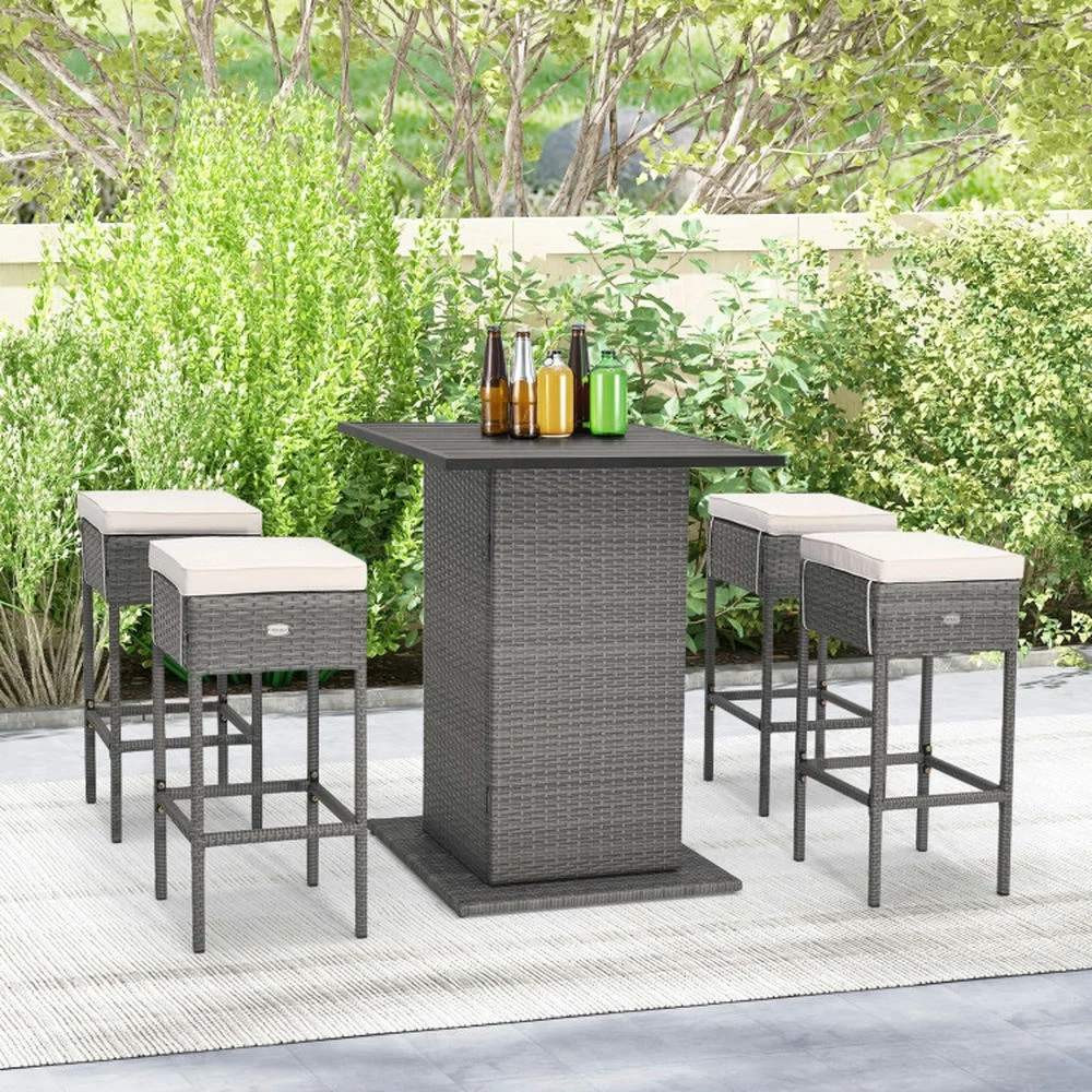 Topcobe 5 Pieces Outdoor Wicker Bar Table Set with Hidden Storage Shelves, Outdoor Patio Furniture for Garden Backyard Pool Deck-White - Image 3