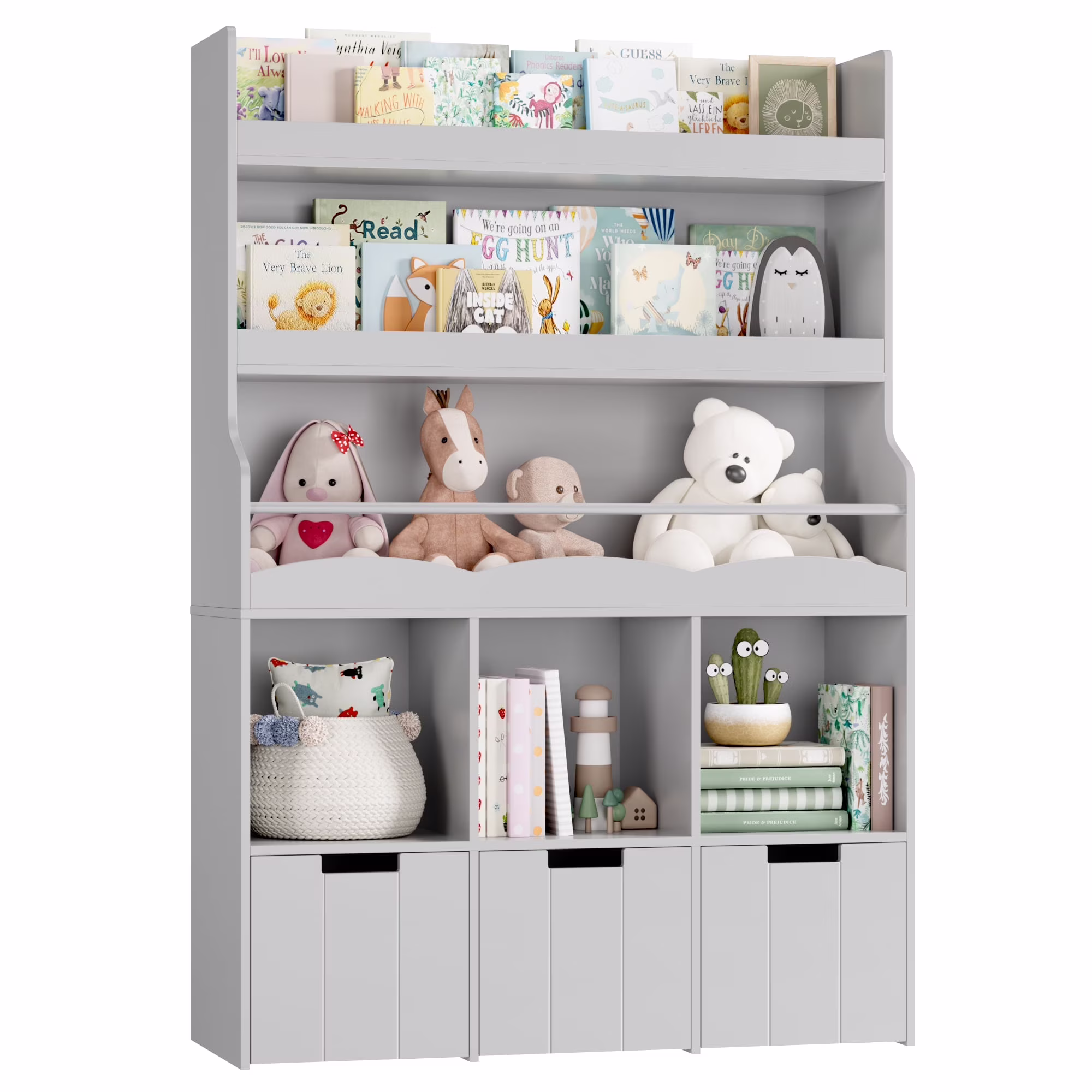 Homfa 55.5- H Kids Bookshelf with 2-Tier Book Shelves, Children Toy Organizer with 3 Cubes and Removable Drawers, White - Image 5