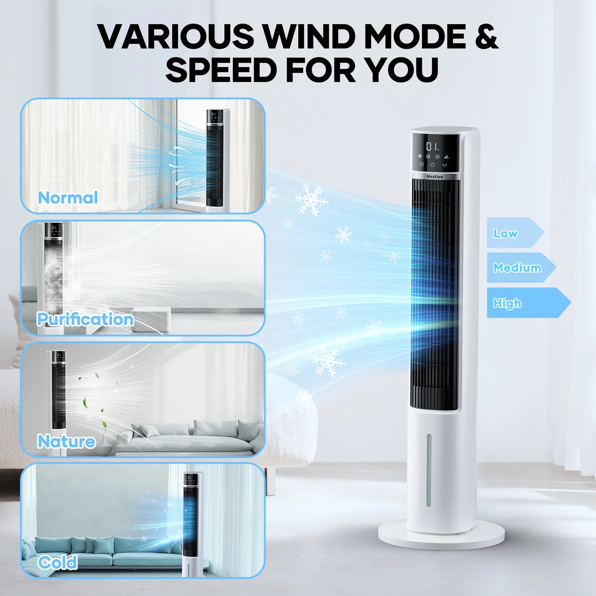MaxKare 40" Evaporative Air Cooler, 3 Modes, 12H Timers, Oscillating Tower Fan White - Image 7
