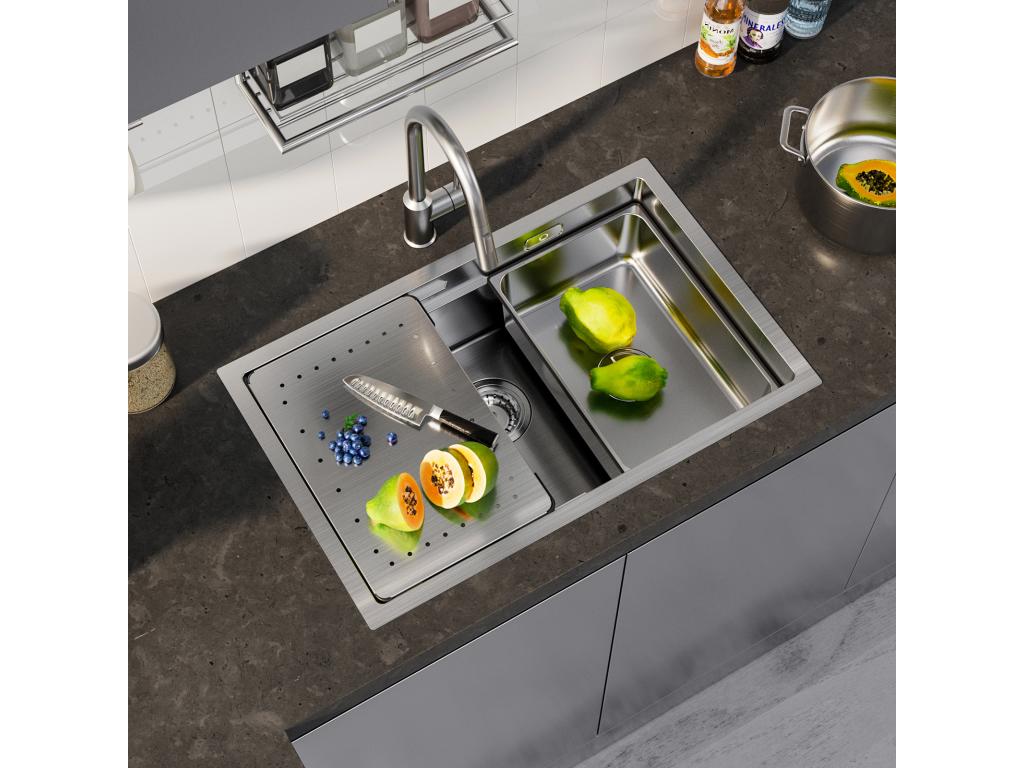 Fregadero de cocina Casaplu 1 seno 70×44×21CM Fregadero encastrable de acero inoxidable cepillado con escurridor y lavabo