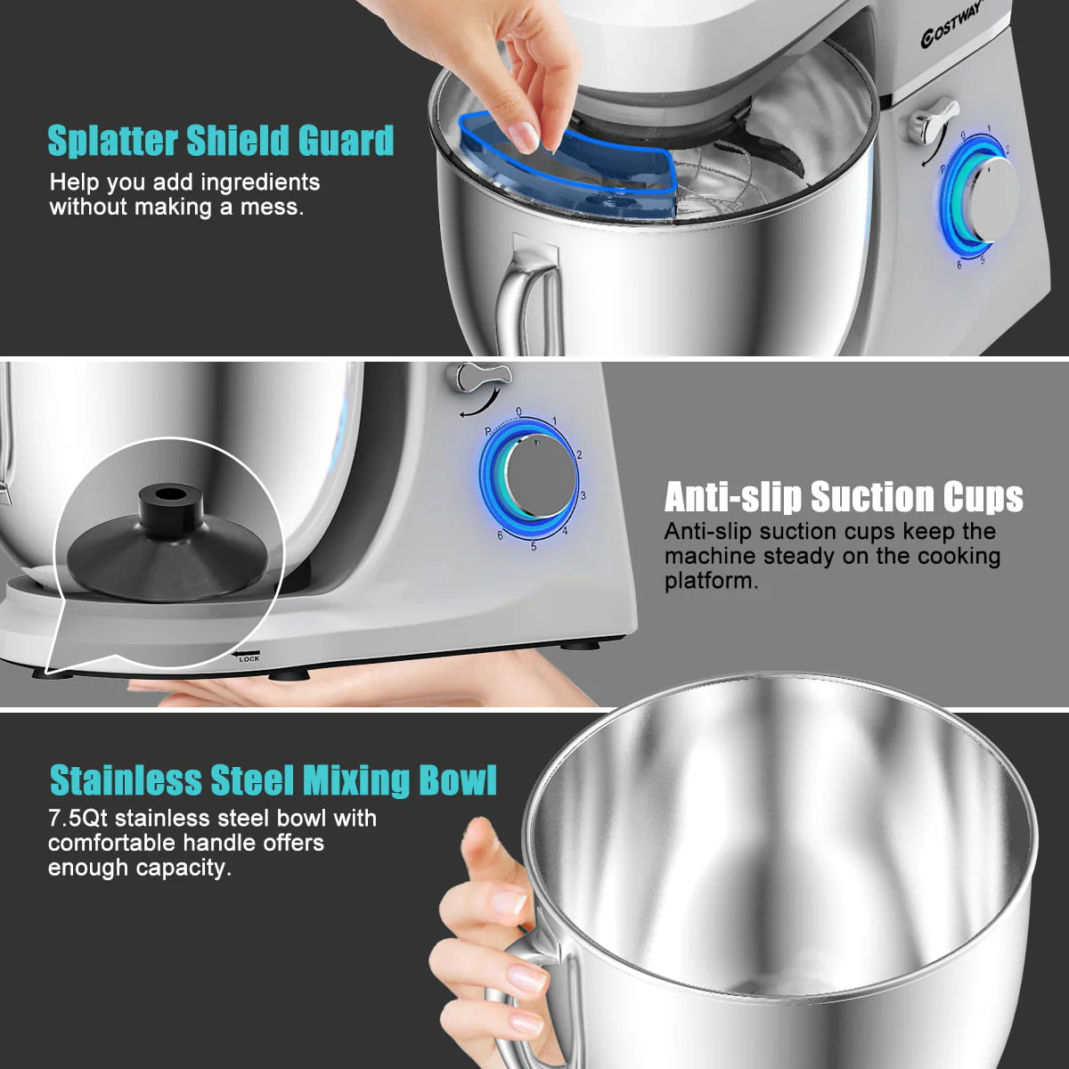 Costway Tilt-Head Stand Mixer 7.5 Qt 6 Speed 660W with Dough Hook, Whisk & Beater Silver - Image 9