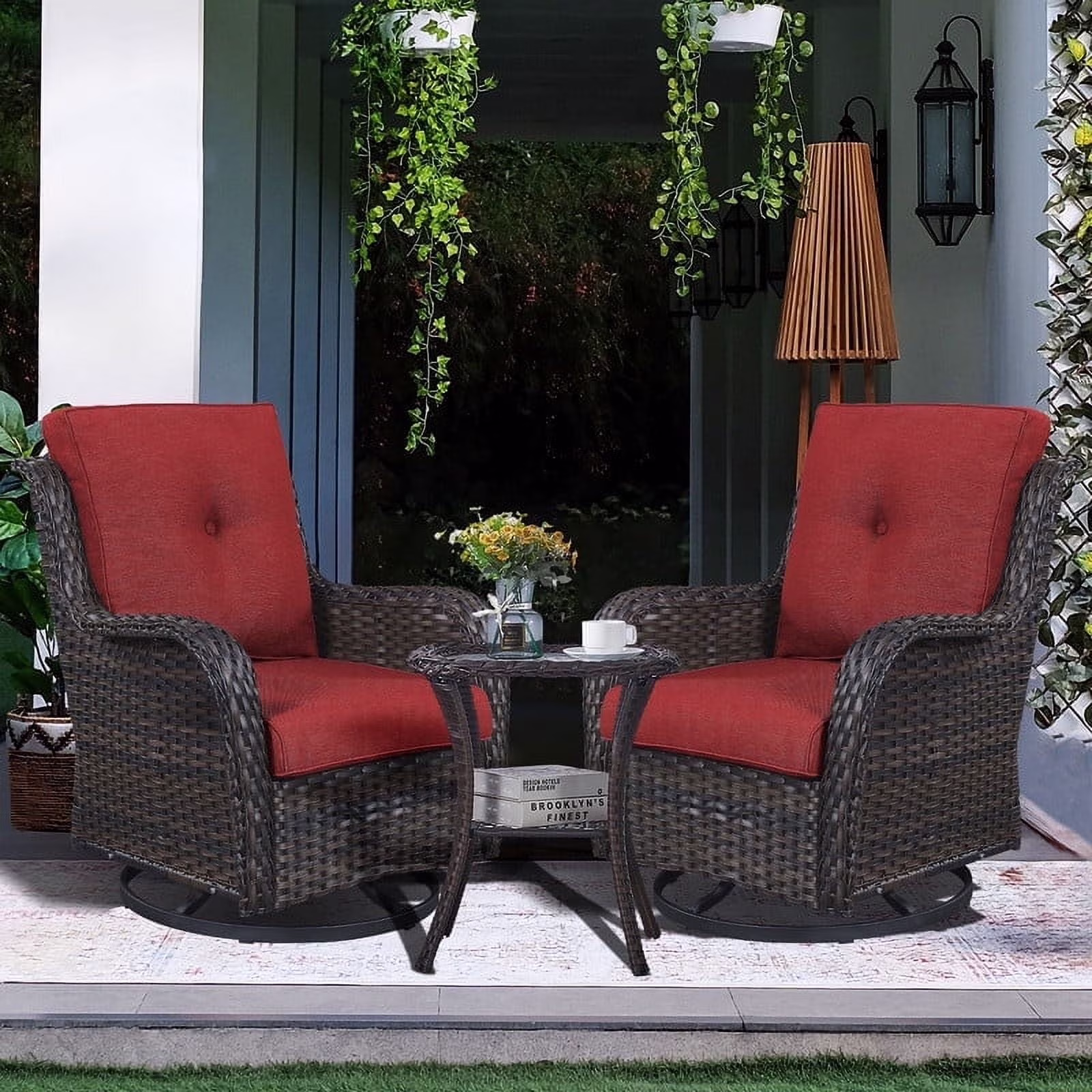 POCASSY 3 Piece Patio Set Outdoor Wicker Glider Rocking and Swivel Chairs with Cushions - Image 3