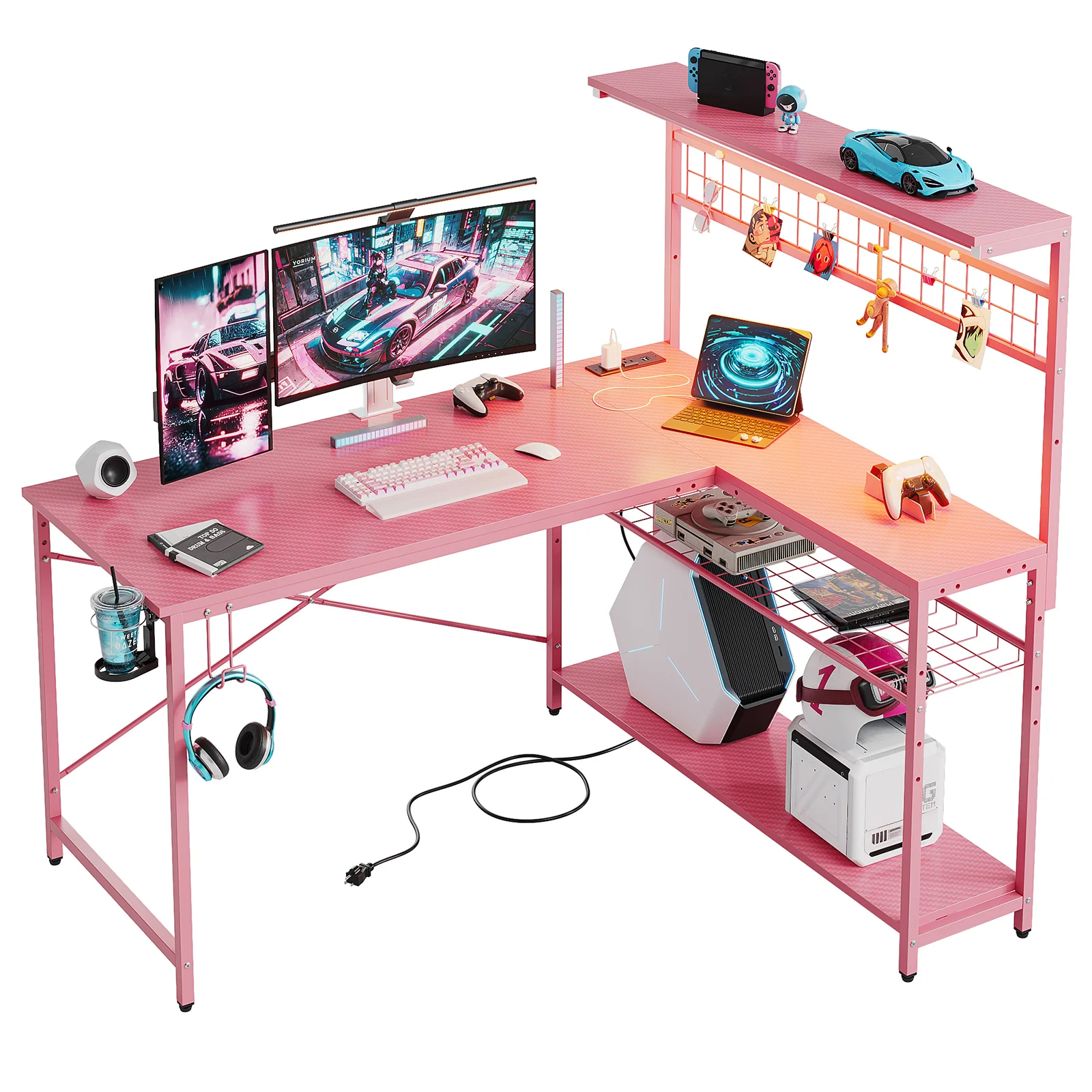Bestier 51 L Shaped Gaming Desk with Power Outlets & LED Light, Computer Desk with 4 Tiers Shelves for Home Office, Reversible Gamer Table with Hooks and Cup Holder, Carbon Fiber - Image 39