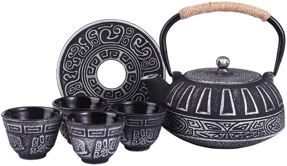 Cast Iron Teapot with Tea Cups Trivet Japanese Style Tetsubin Tea Kettle with Infuser Iron Tea Set Gift for Adult Father Mother Family (Black,Magpie on the Plum Design)