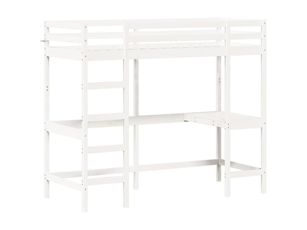 Cama alta con escritorio madera maciza pino blanca 75x190 cm