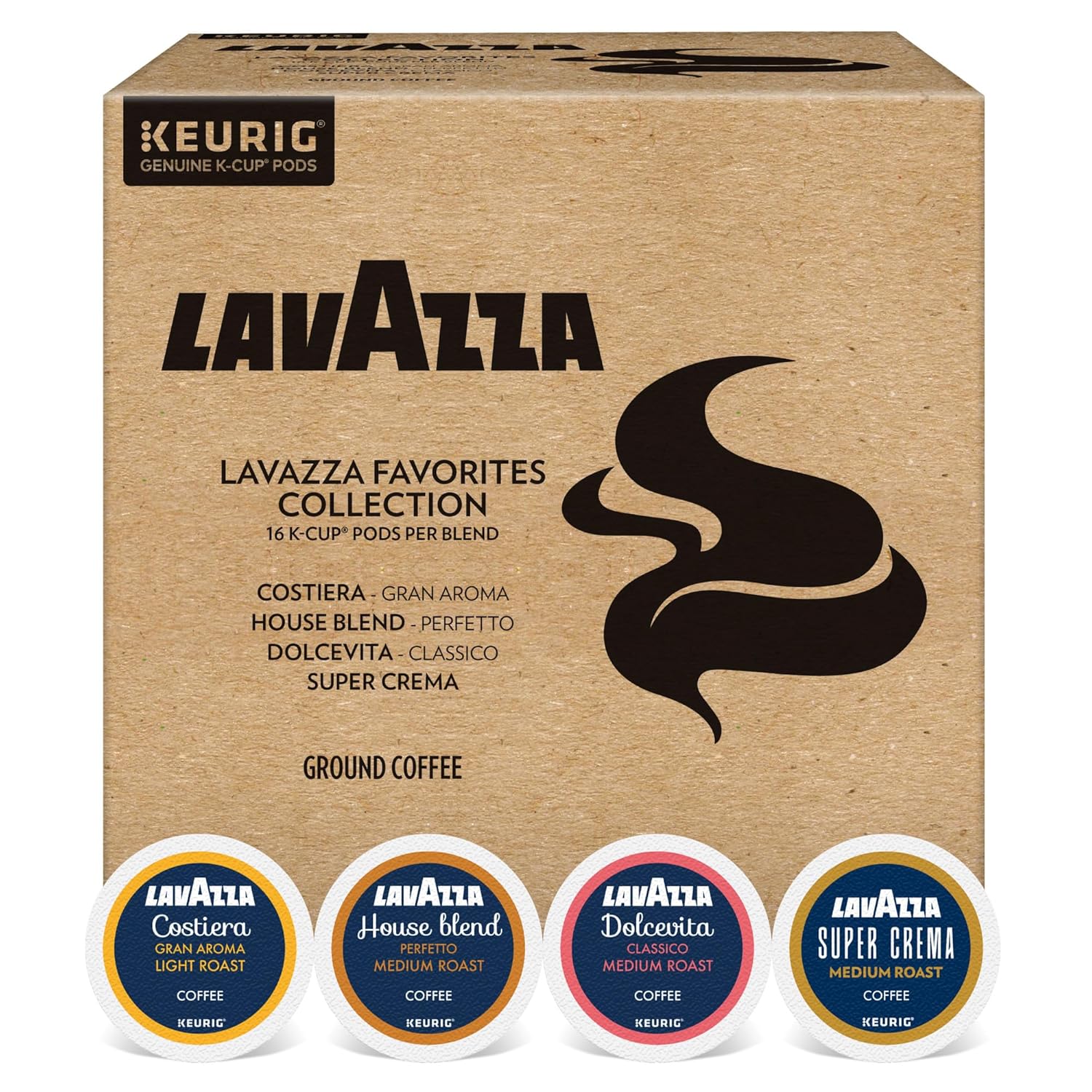 Lavazza Favorites Collection Variety Pack. Single Serve Keurig® K-Cup® Pods. Light and Medium Roast Coffees. 64-Count Box