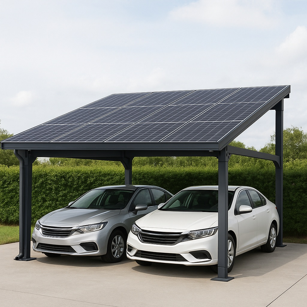 Cochera doble con protección solar, aparcamiento exterior de aluminio antracita, dimensiones 512 x 340 x 277 cm