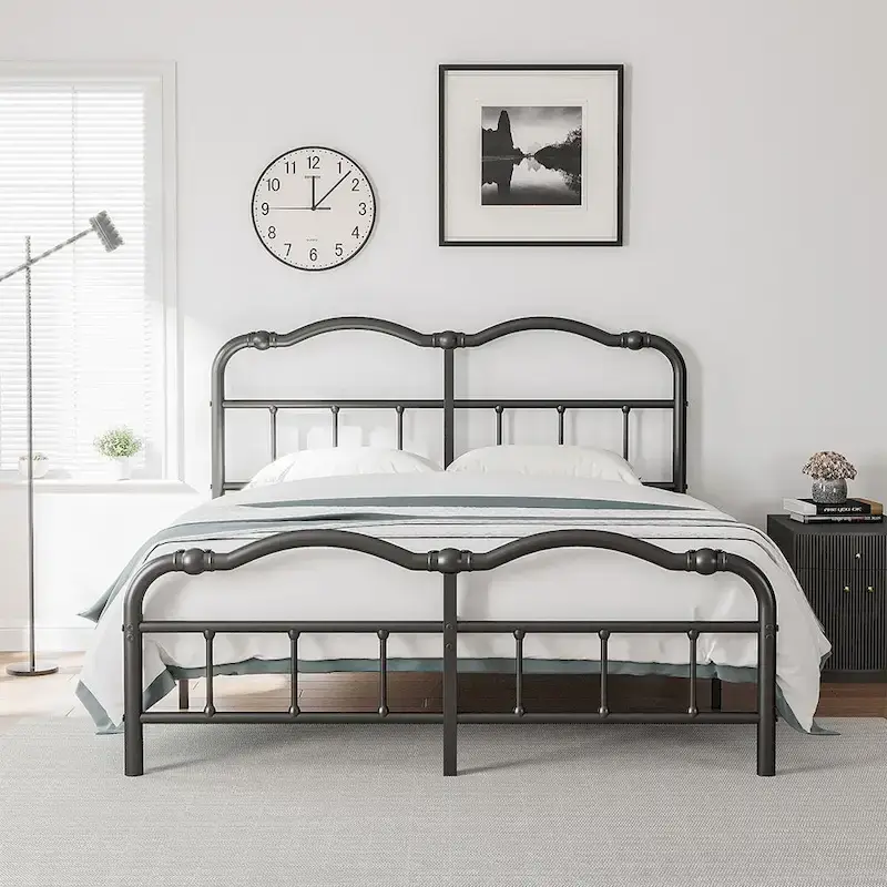Sturdy 18-Inch High Steel Tube Iron Bed with Double Wave Headboard and Footboard