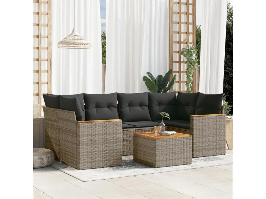 Set de sofás de jardín 7 piezas con cojines ratán PE gris OJIZ30395