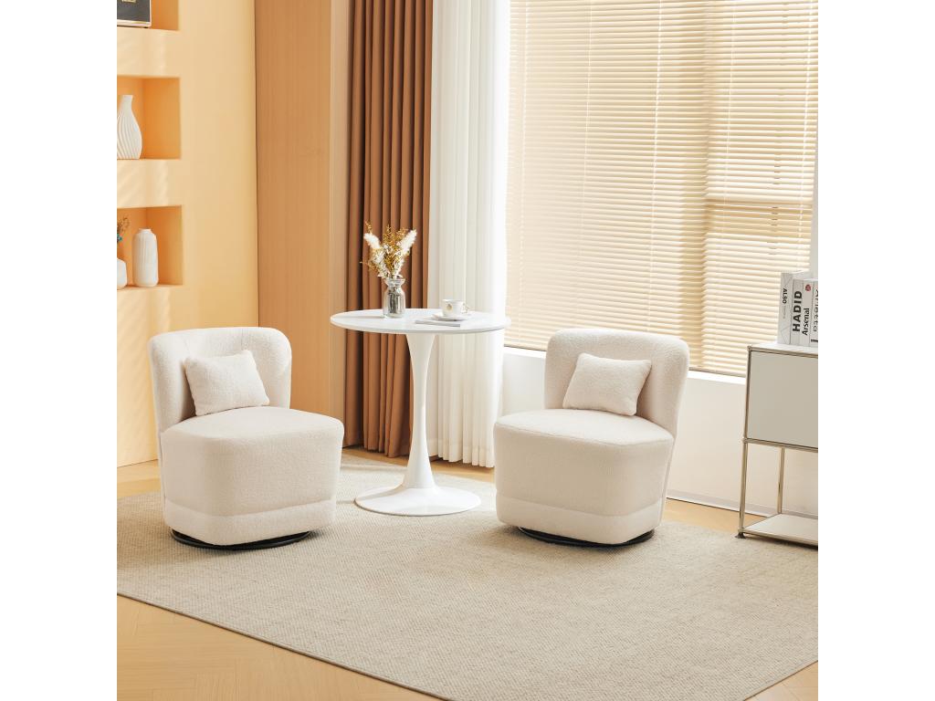 Sofá de 2 plazas, juego de 2 sillones giratorios 360° con cojín y respaldo - tejido de rizo francés - 58 x 63 x 72 cm - blanco