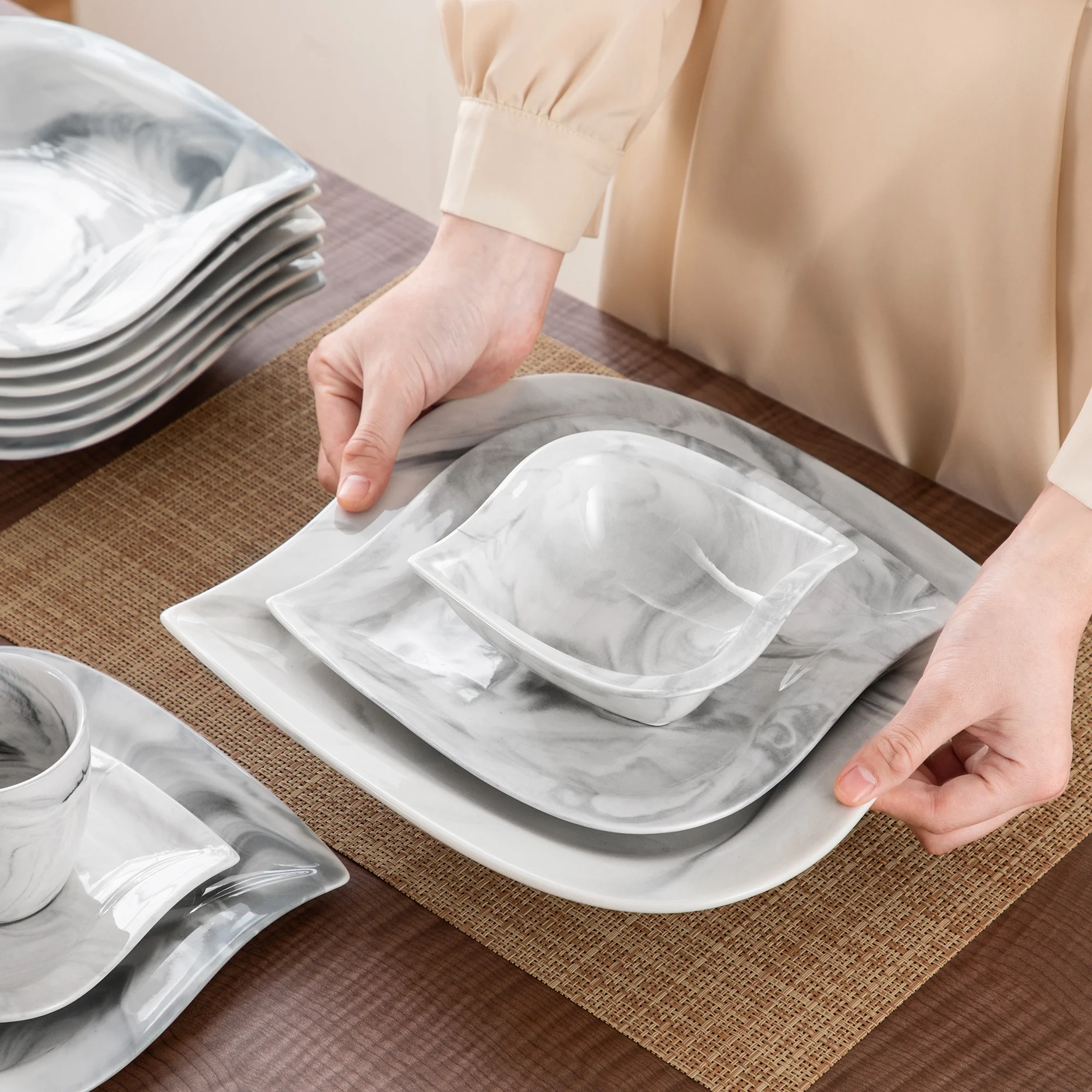 vancasso 36 pcs Dinnerware Sets, Plates and Bowls Set for 6, Porcelain Dinner Set, Marble Gray - Image 4