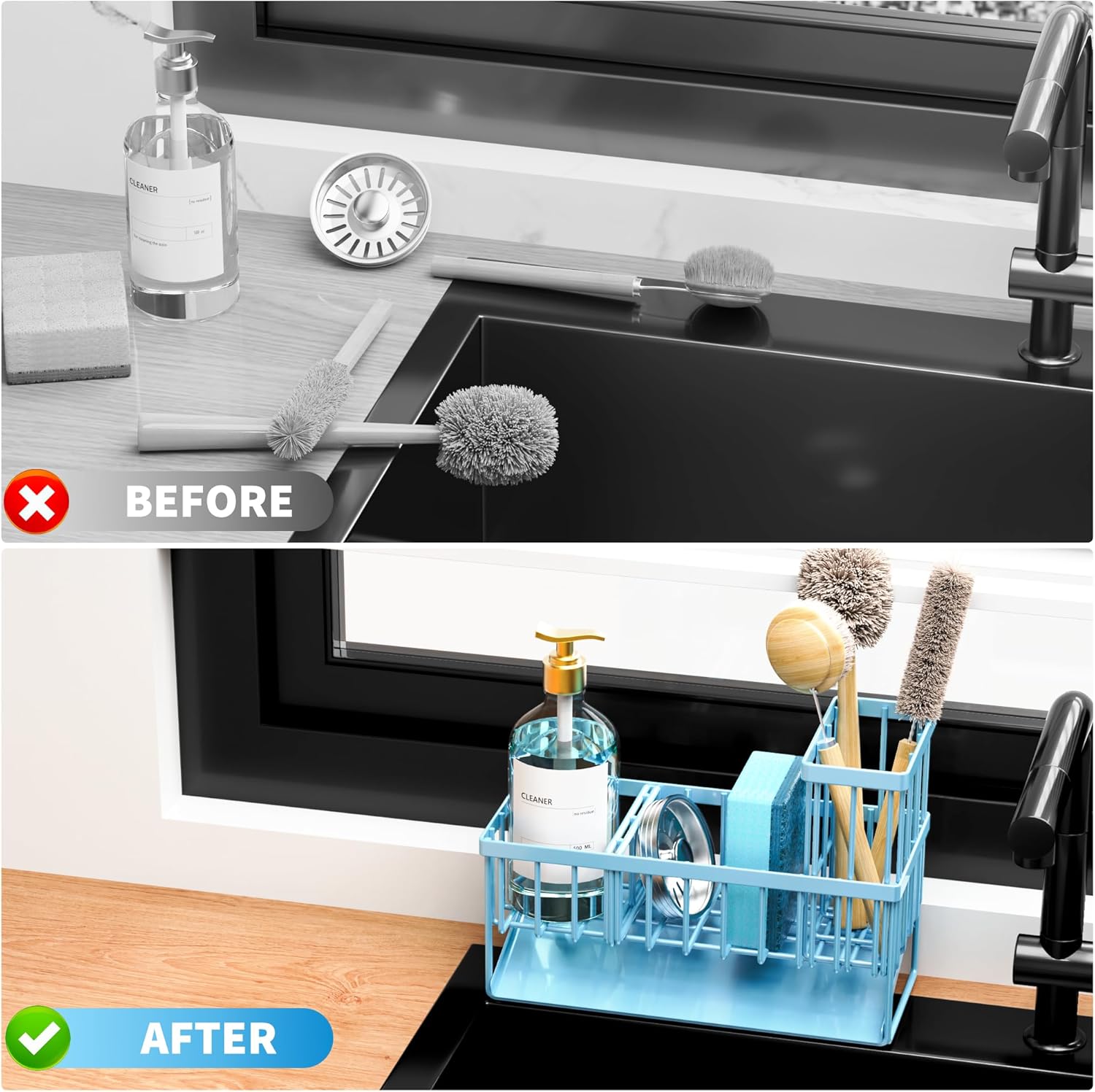 Cisily Blue Kitchen Sink Caddy Organzier with High Brush Holder, Sponge Holder for Sink, 304 Rustproof Stainless, Kitchen Countertop Soap Dispenser Organizer, Blue Home Decor and Accessories