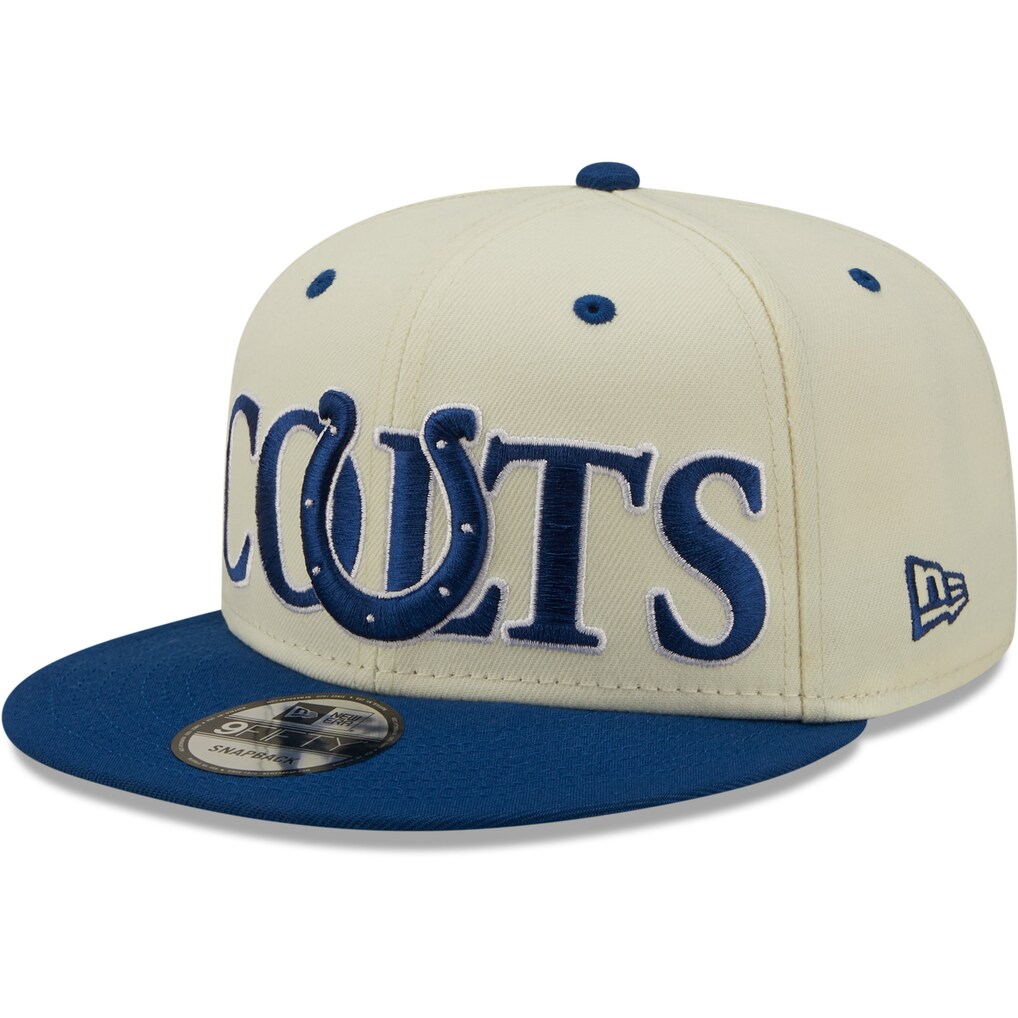 Angled front view of the New Era Indianapolis Colts Two-Tone Chrome Classic 9FIFTY Snapback Hat showing the raised blue wordmark and horseshoe logo.