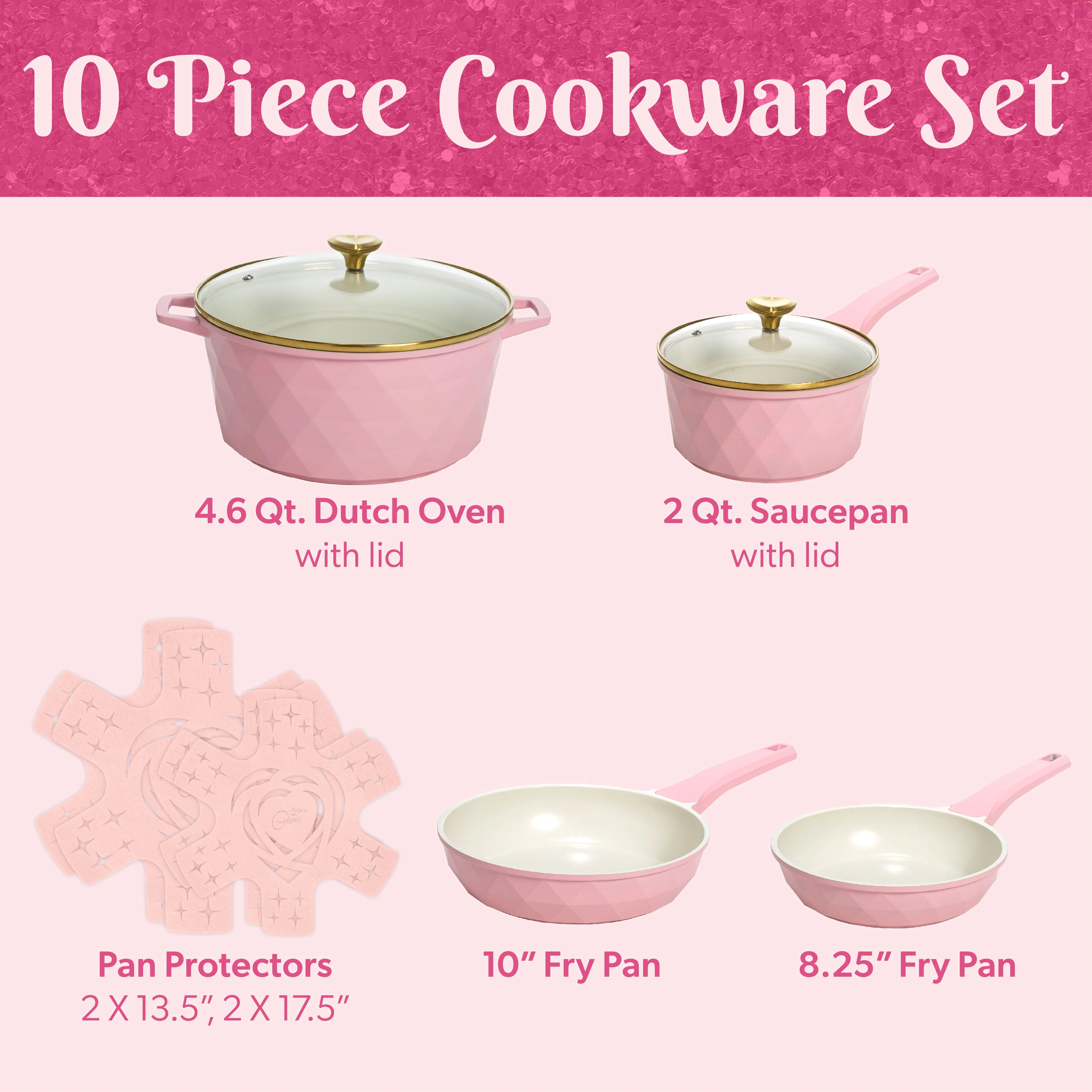 Paris Hilton 10-Piece Ceramic Nonstick Cast Aluminum Cookware Set, Clean Ceramic? Coating, Faceted Pink Design - Image 2