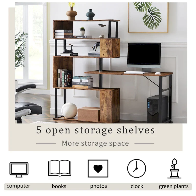 Modern Computer Desk with 5-Tier Shelves – Space-Saving Rotatable Workstation