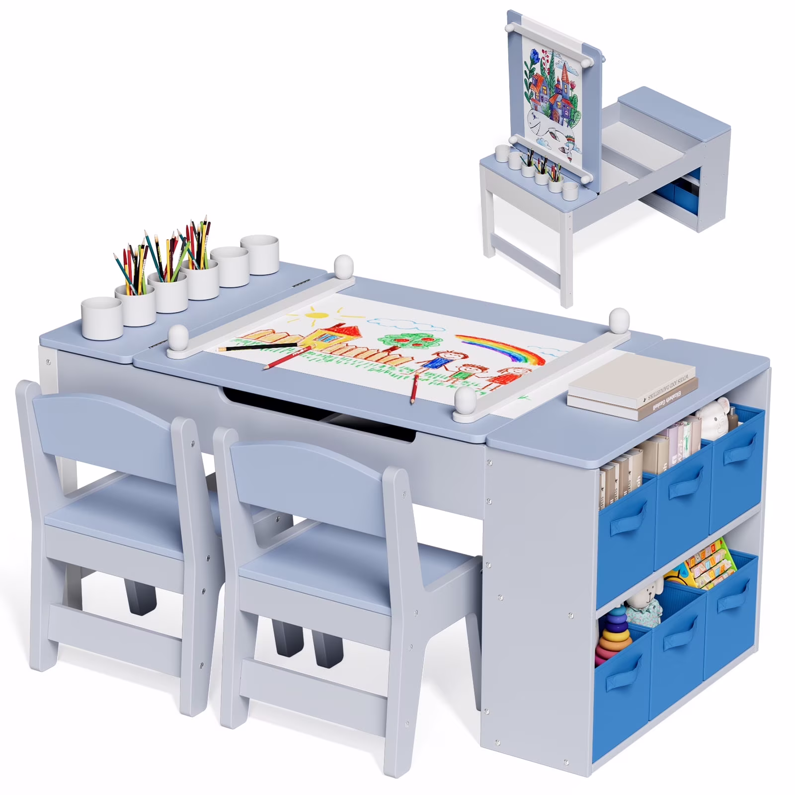 LAZY BUDDY Kids Art Table and 2 Chairs Set, 2 in 1 Easel Toddler Craft Table and Chairs Set with Storage Bins, Paint Cups and Paper Roll, Activity Table Set for Children 3+(Beige)