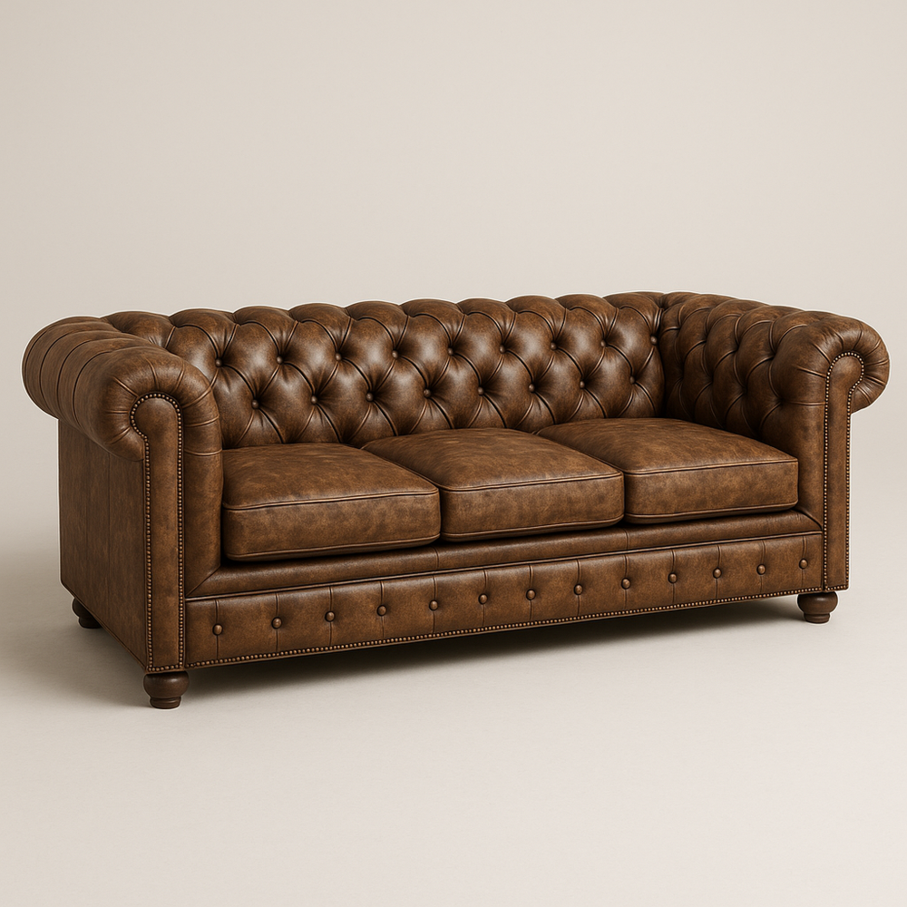 Sofá Chesterfield de 3 plazas marrón en cuero PU vintage con estructura de madera maciza, 220x90x75 cm