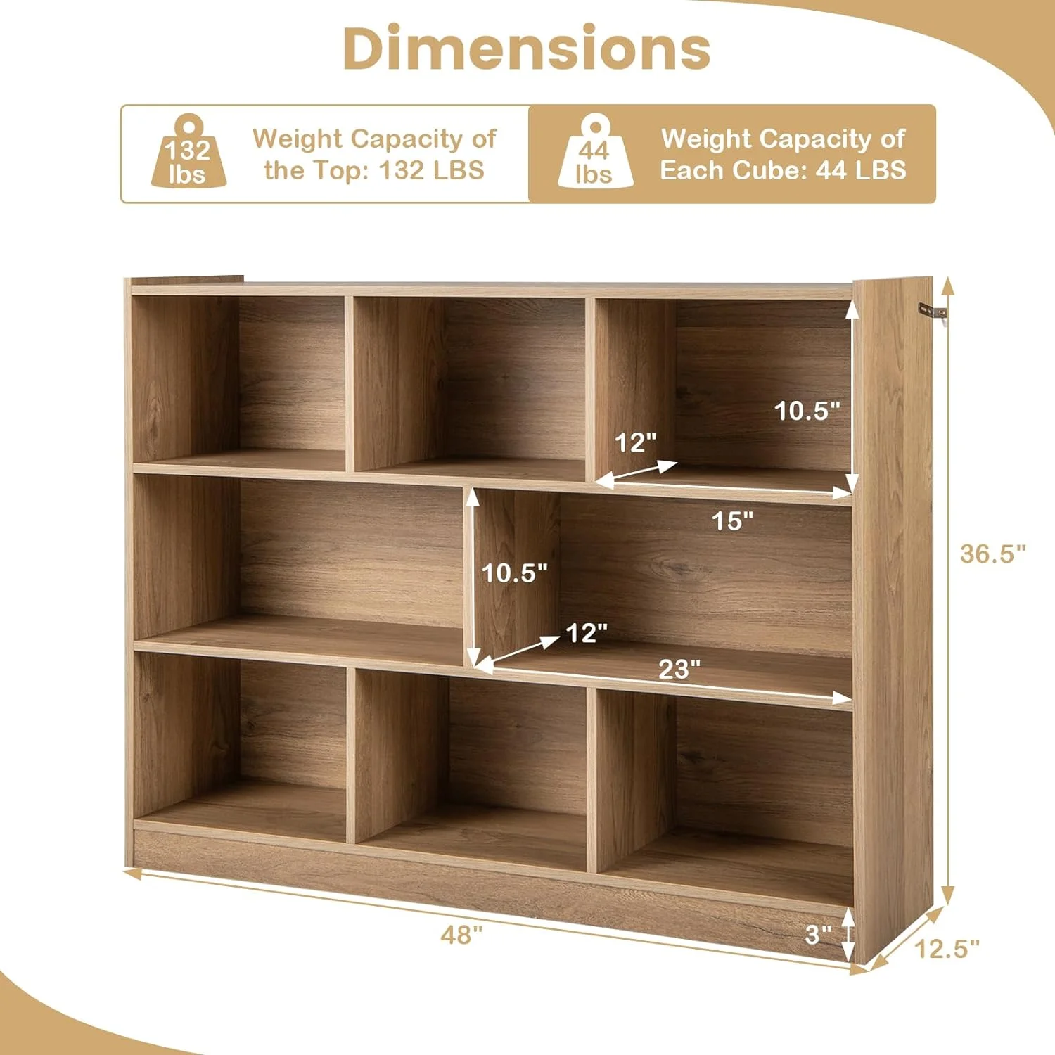 LOKO 3-Tier Open Shelf Bookcase, Floor Standing Wood Bookshelf for Bedroom, Living Room, Kids Room, 8 Cube Bookcase, 48 x 12.5 x 36.5 (Burlywood) - Image 13
