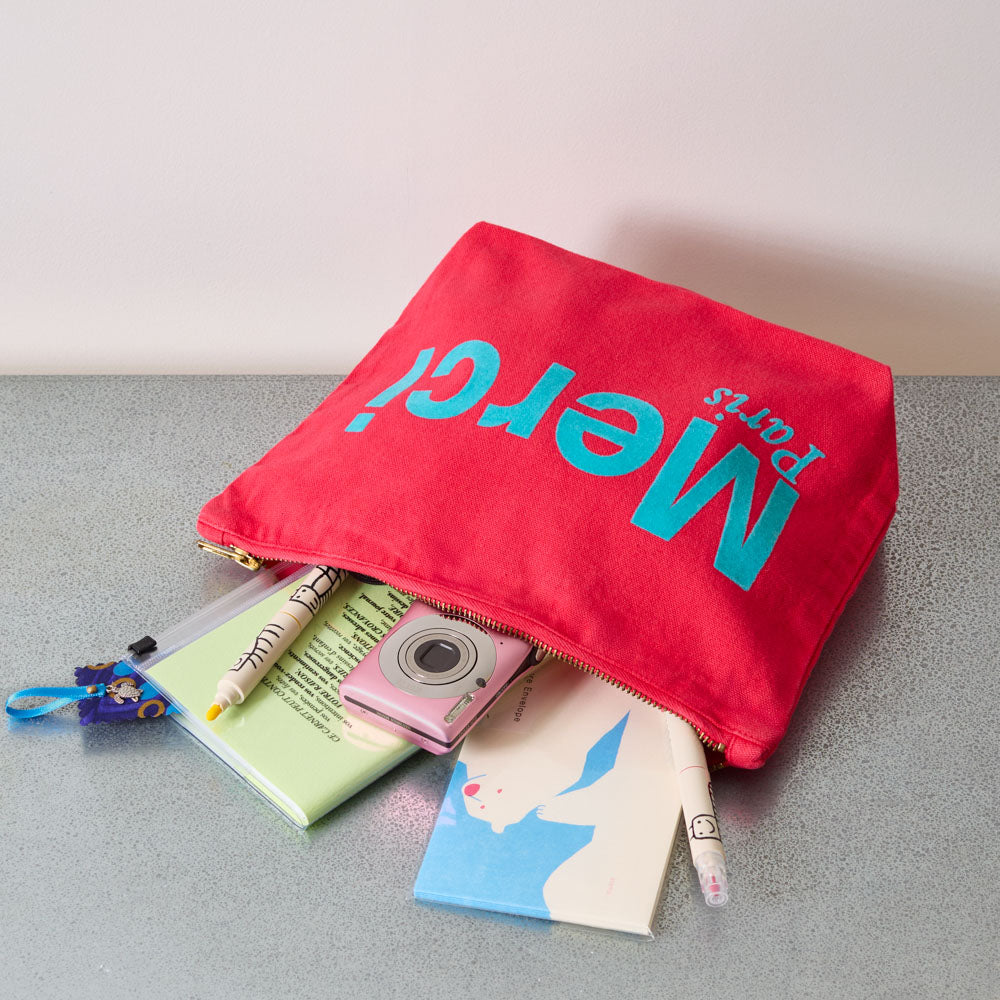 Merci - Pochette en coton - Framboise & Turquoise