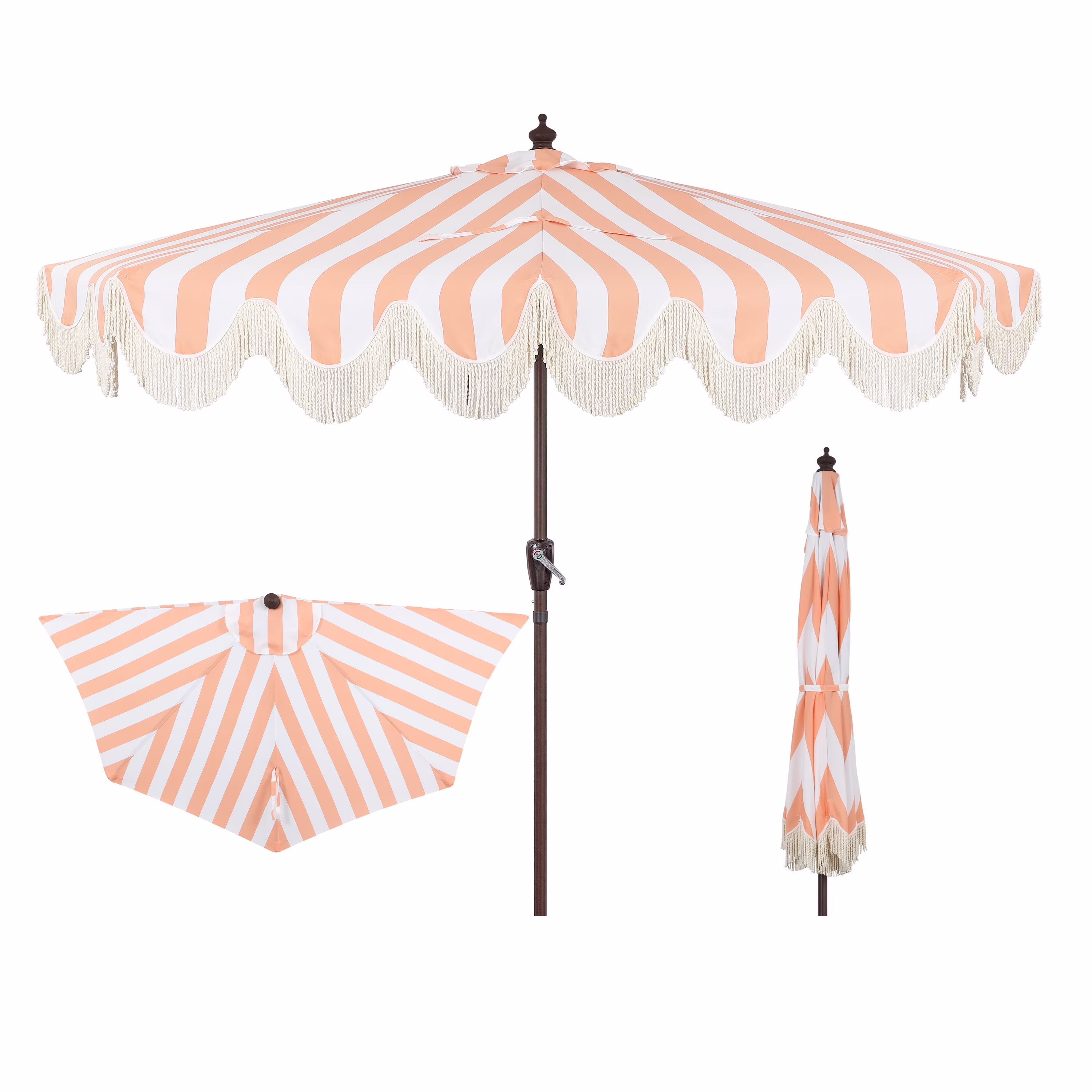 JONATHAN Y Beverly 9 ft. Half Market Patio Umbrella, Designer Classic Scalloped Fringe with Crank, Tilt Button and UV Protection, Blue/White/Cream, Dark Brown Pole - Image 3