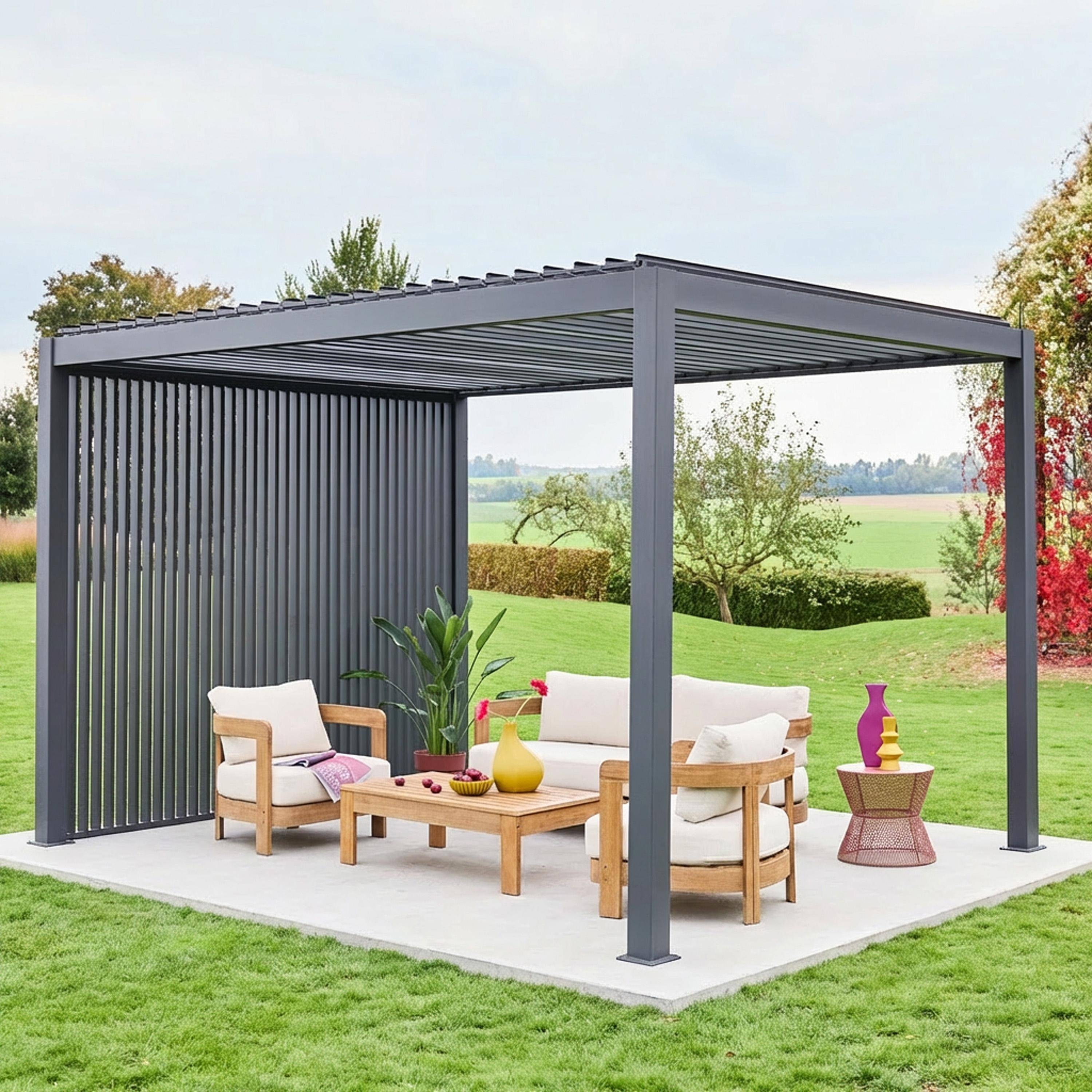 Triomphe 3x4m + accesorios - Pérgola bioclimática de aluminio 3x4m + 3 persianas verticales 1m