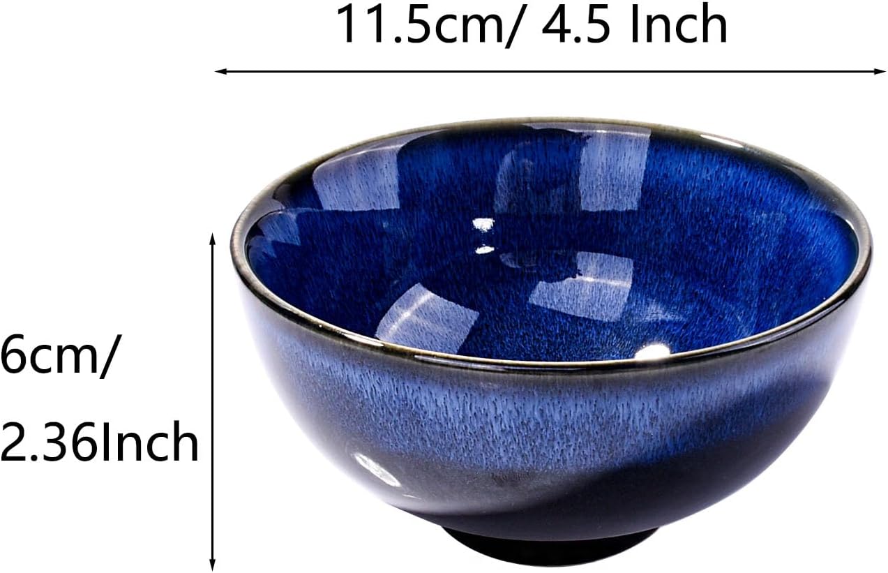 Ceramic Rice Bowl Set of 4 Blue Cereal Bowls for Soup Rice Oat Microwave and Dishwasher Safe