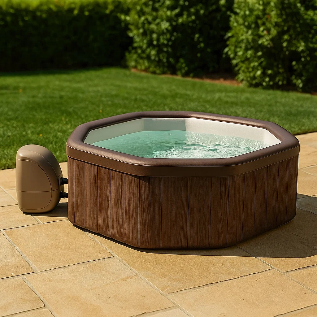 Spa hinchable octagonal,4 plazas,estructura de PVC,color marrón y blanco,instalación independiente,dimensiones 150x150x70 cm - heDcTD7u78yf