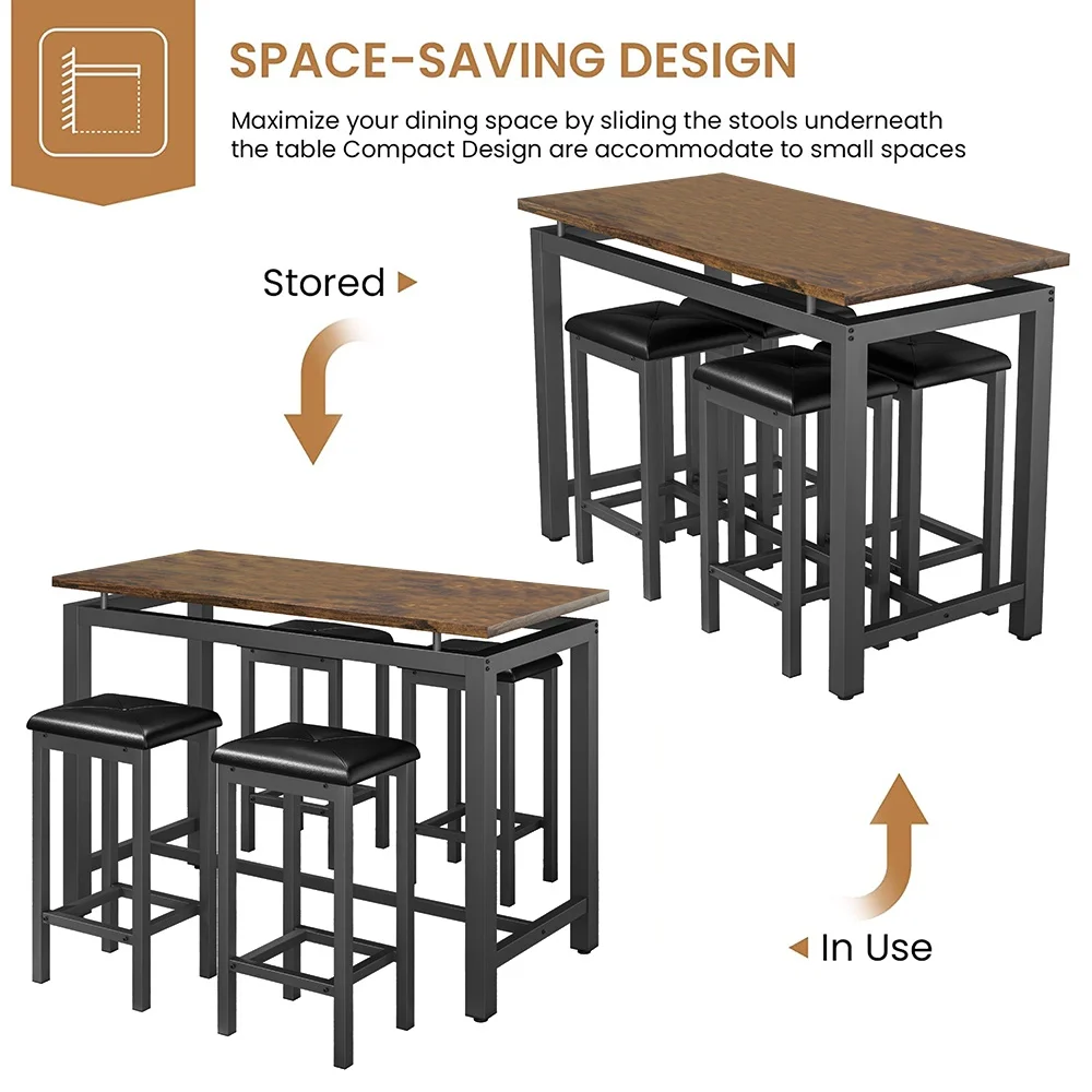 Counter Height Table Set of 5, Breakfast Bar Table and Stool Set, Minimalist Dining Table with Backless Stools, Wood Top Pub Table & Chair Set for Kitchen Apartment Bistro - Space Saving - Image 26