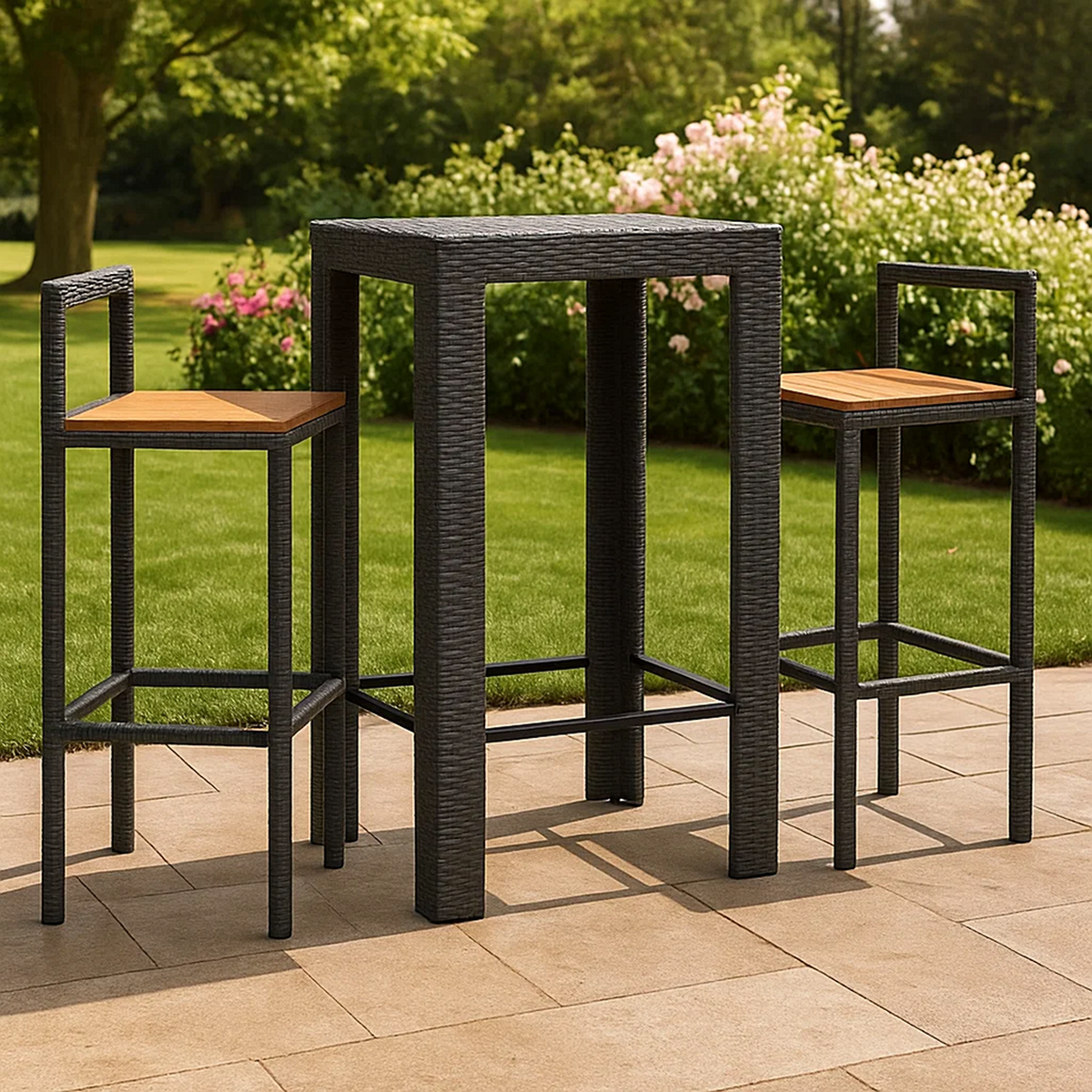Conjunto de bar para jardín 3 pzas ratán sintético negro y madera – mesa alta y 2 taburetes con respaldo bajo
