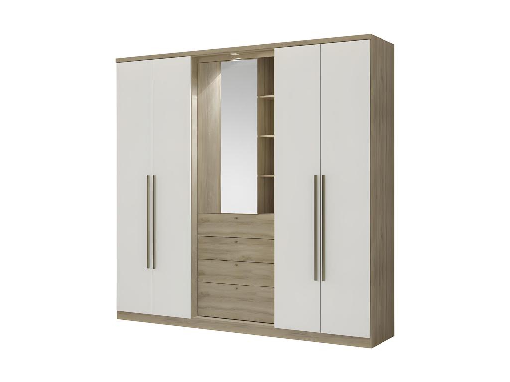 Armario - 4 puertas, espejo y cajones - l240 cm - roble