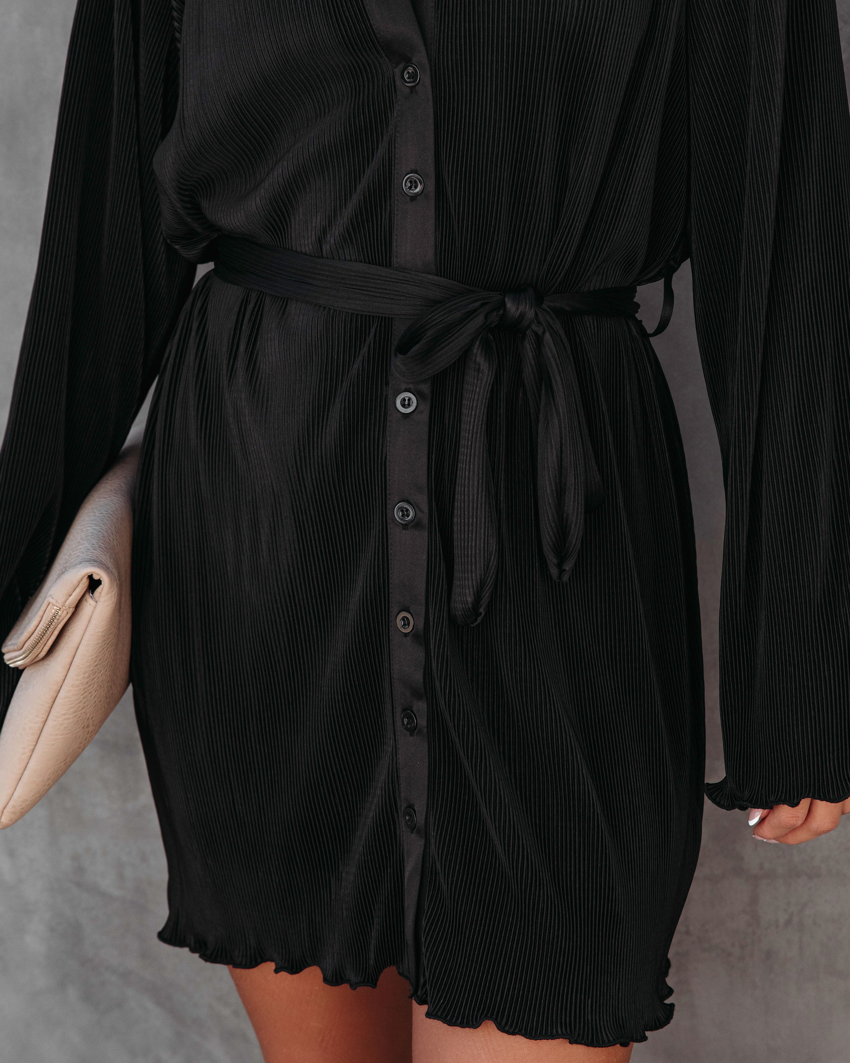 Stellar Vibes Plisse Button Down Shirt Dress - Black - Se7enfashion