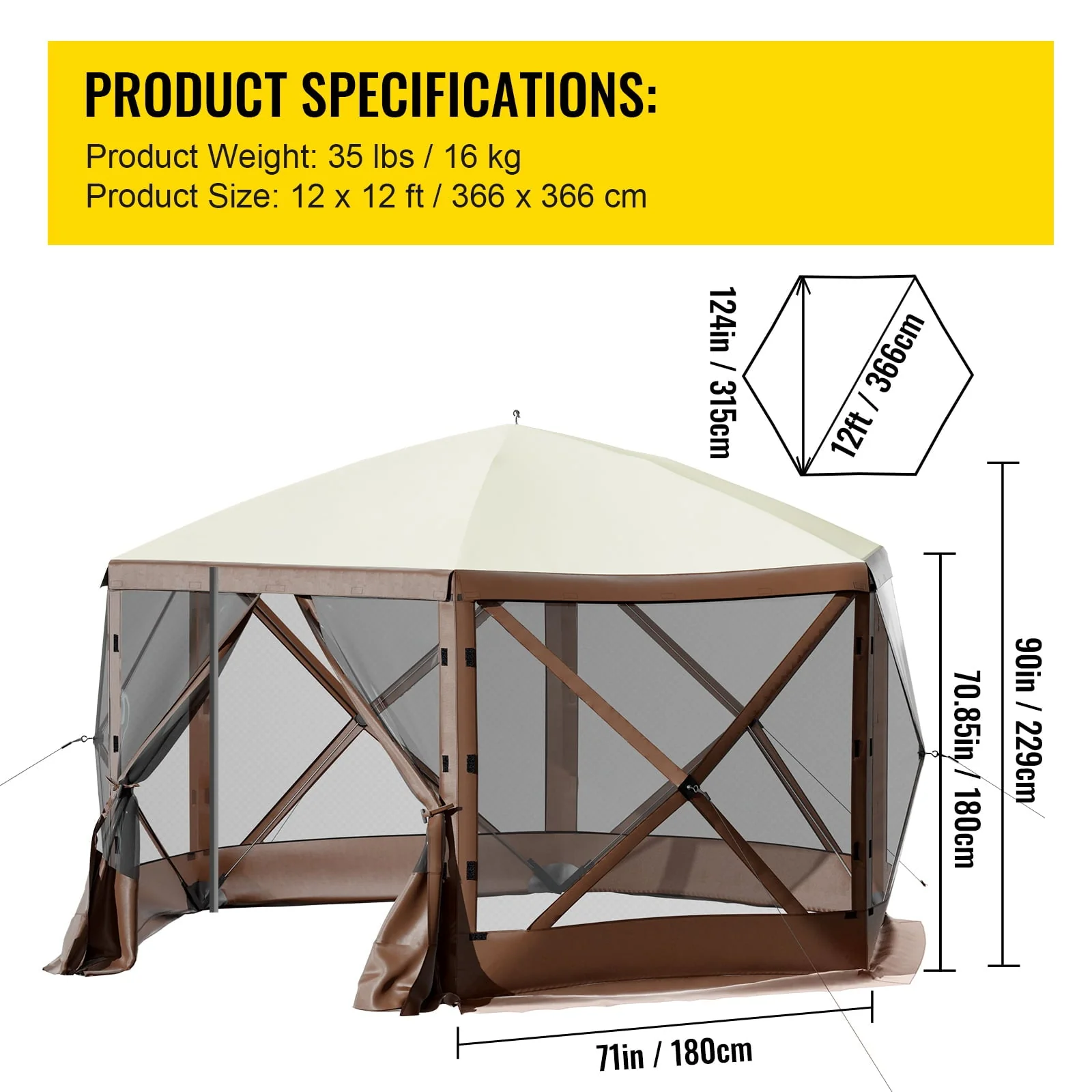 VEVORbrand Camping Gazebo Tent, 12'x12', 6 Sided Pop-up Canopy Screen Tent for 8 Person Camping, Waterproof Screen Shelter w/Portable Storage Bag, Ground Stakes, Mesh Windows, Brown & Beige - Image 7