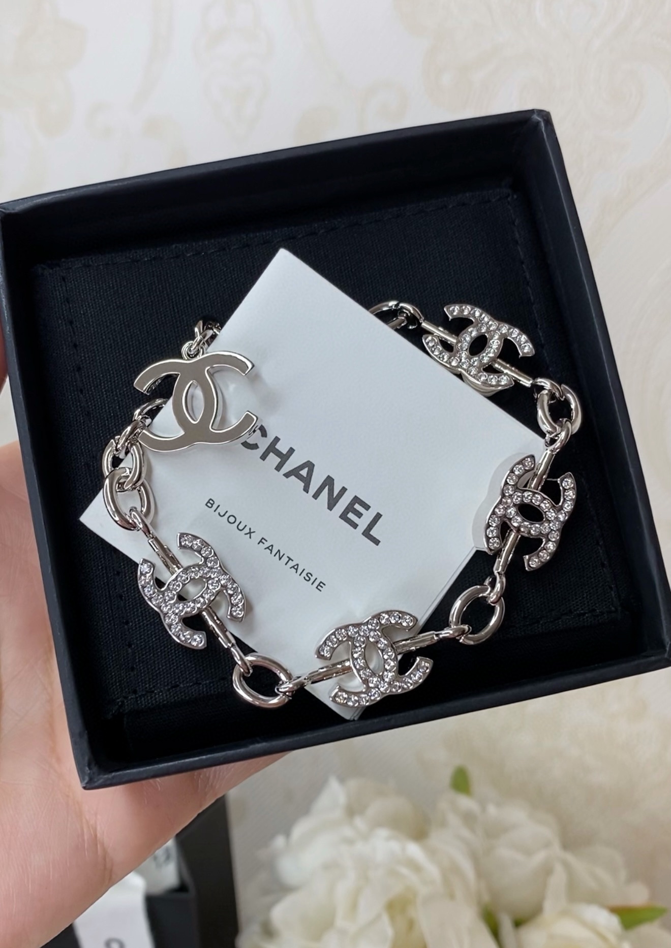 Chanel Hollow CC Chain Rhinestone Silver Bracelet - Original Replica Club