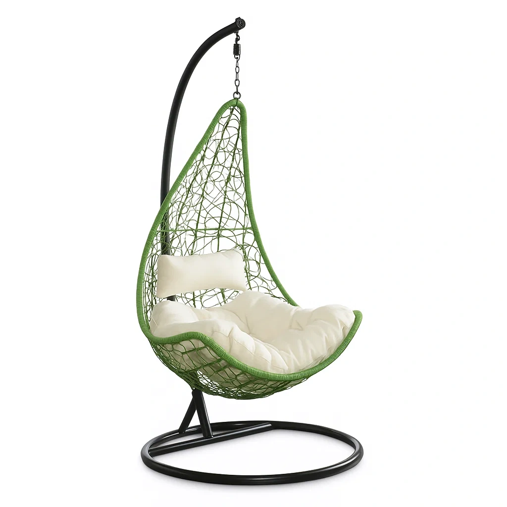 Sillón Colgante de 1 Plaza con Estructura Metálica, Resina Trenzada Verde y Cojín Blanco - ZNBrgYj240Gi