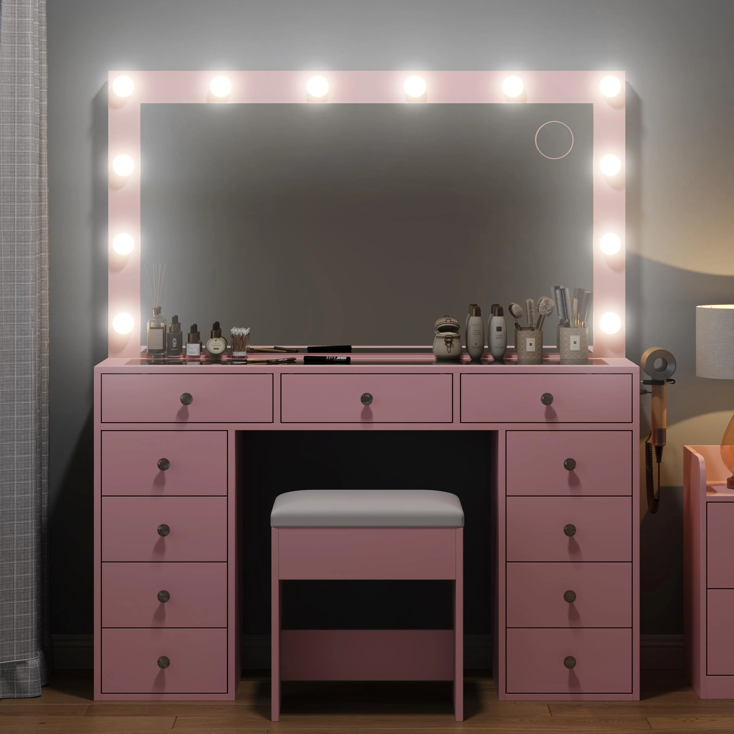 White Vanity Desk with Illuminated Mirror & Power Outlet, 11 Drawers Vanity Table with Chair, Makeup Vanity with 12 LED Lights, Tempered Glass Top, Dressing Table for Bedroom,Dressing Room - Image 12