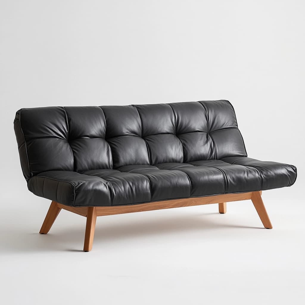 Sofá Cama Negro Cuero Sintético 3 Plazas Estructura Madera Moderna